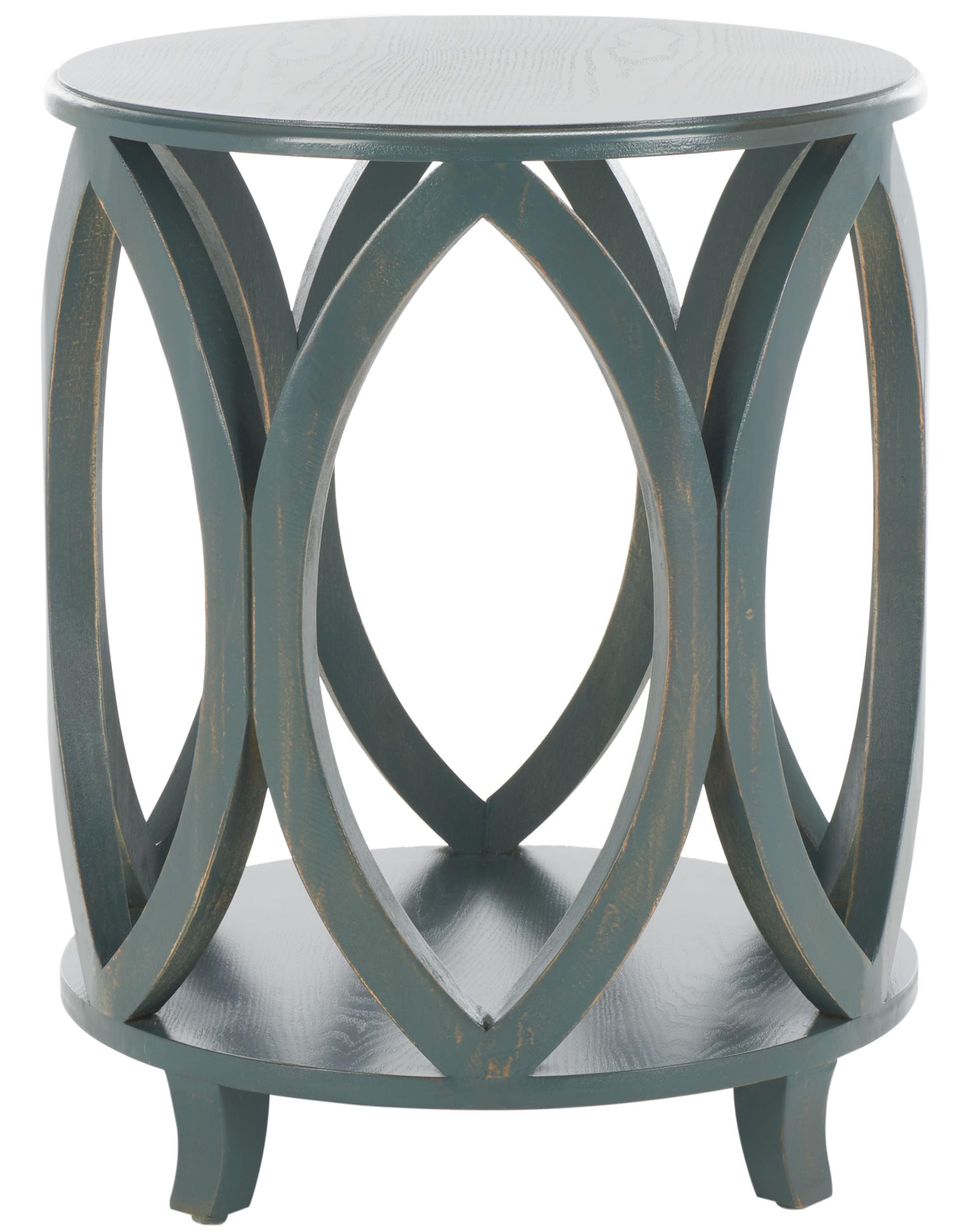 SAFAVIEH Home Collection Janika Dark Teal Washed Round Accent Table with Shelf Fully Assembled Solid Pine Wood Side