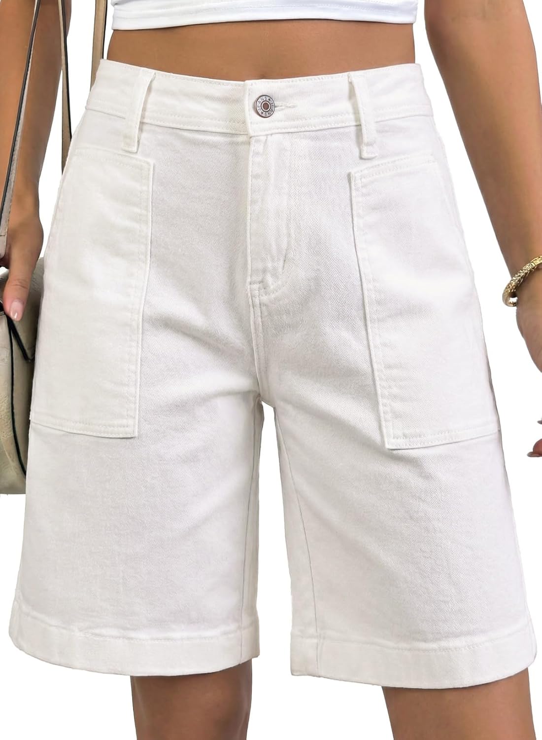 Astylish Women's High Waisted Wide Leg Denim Shorts Stretchy Trendy Utility Jorts Oversized Patch Pockets Bermuda Jean Short