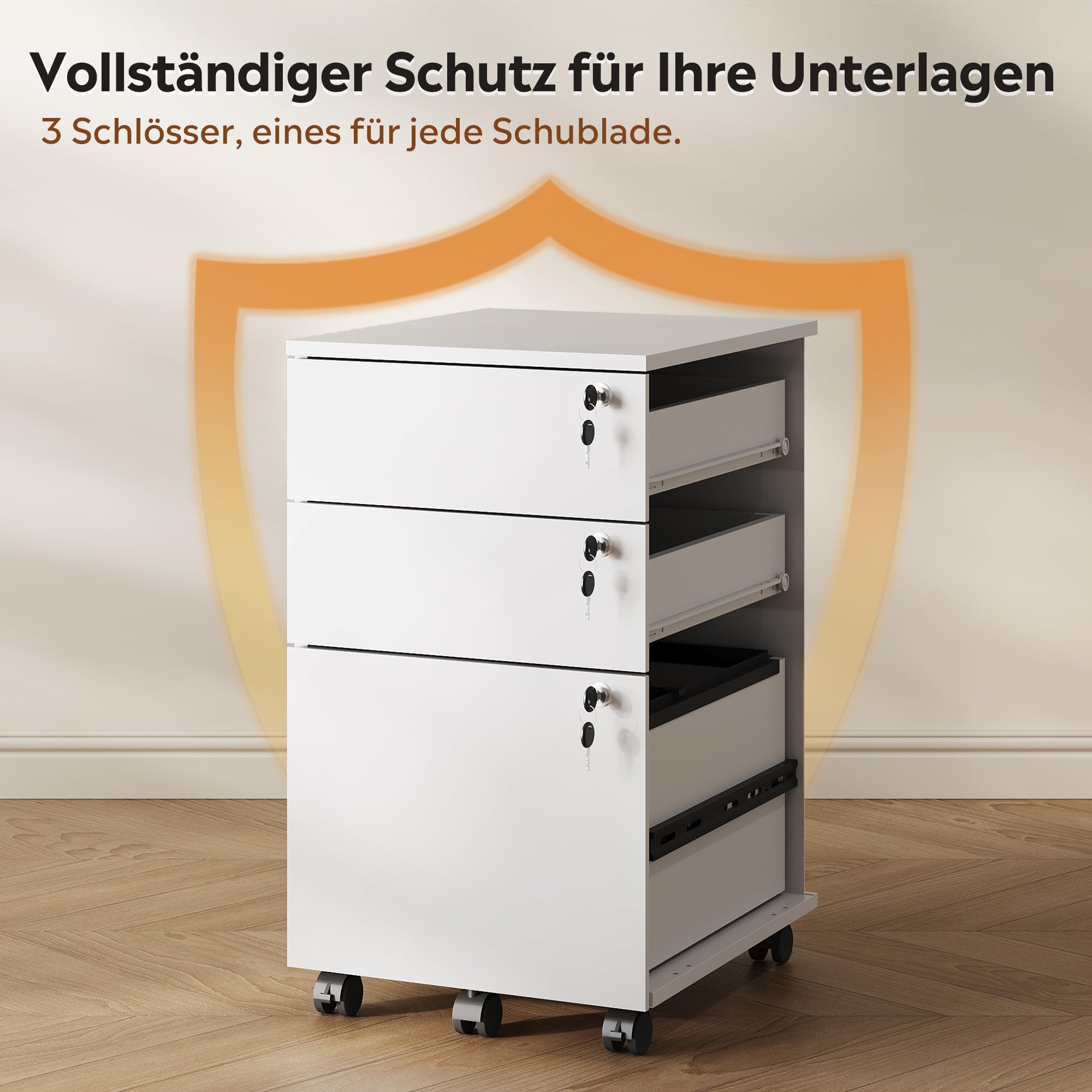 DEVAISE Rollcontainer mit 3 Schubladen, Mobiler Aktenschrank mit Rollen, Druckertisch für DIN A4/Legal/Letter, Schreibtisch Unterschrank für Büro und Home Office, Weiß