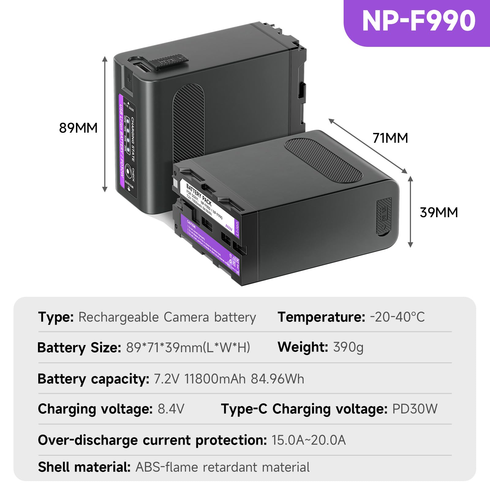 NP-F990 Akku 84,96Wh/11800mAh (PD30W USB-A & Typ-c/USB-C) für Sony NP-F990 NP-F980 NP-F970 NP-F960 NP-F950 NP-F930 NP-F550 NP- F570 NP-F770 NP-F750 Camcorder Ersatzakku, 1 Stück