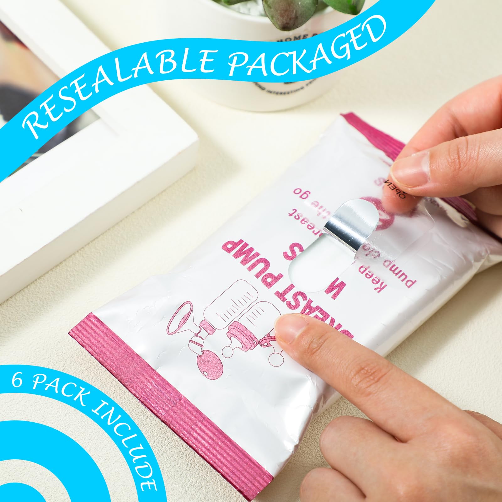 Threlaco Paquete de 6 toallitas para sacaleches de 120 unidades, fáciles de limpiar y resellar, convenientes toallitas de limpieza para sacaleches, suministros de lactancia materna (rosa)