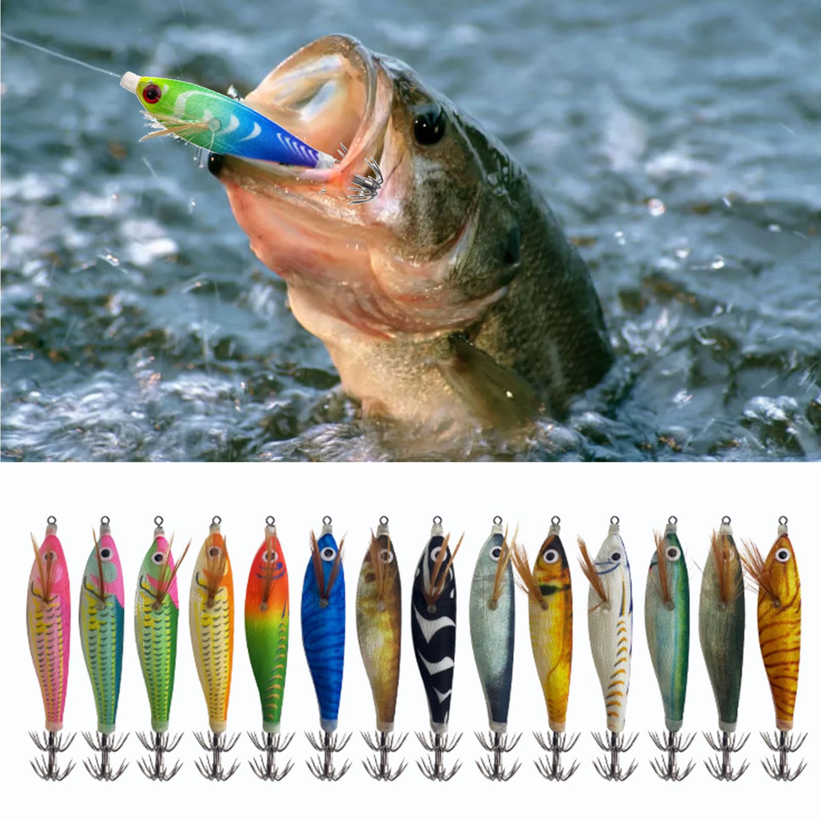 14 Unids Pesca Calamar Señuelo Gancho Calamar Jigging Gancho Camarón Jigs Señuelos de Pesca para Agua Salada y Agua Dulce Cebos Artificiales Duraderos para Pulpos