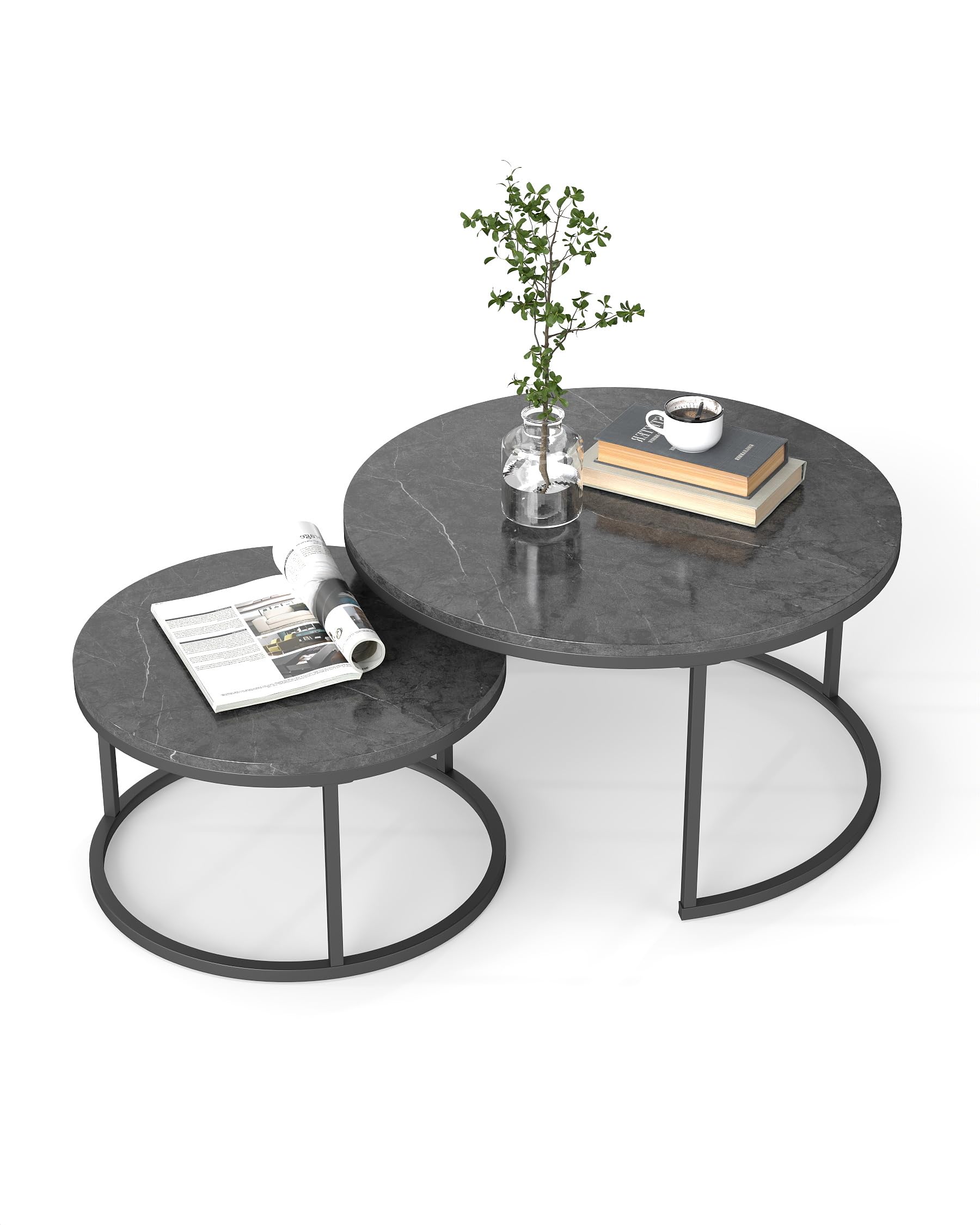 Mesa de Centro Redonda Moderna 2 Piezas 80+60 cm, Mesas Auxiliares para Salón Efecto Mármol Gris y Estructura Metálica Gris Mesa Centro Salon Elegante para Muebles de Salón