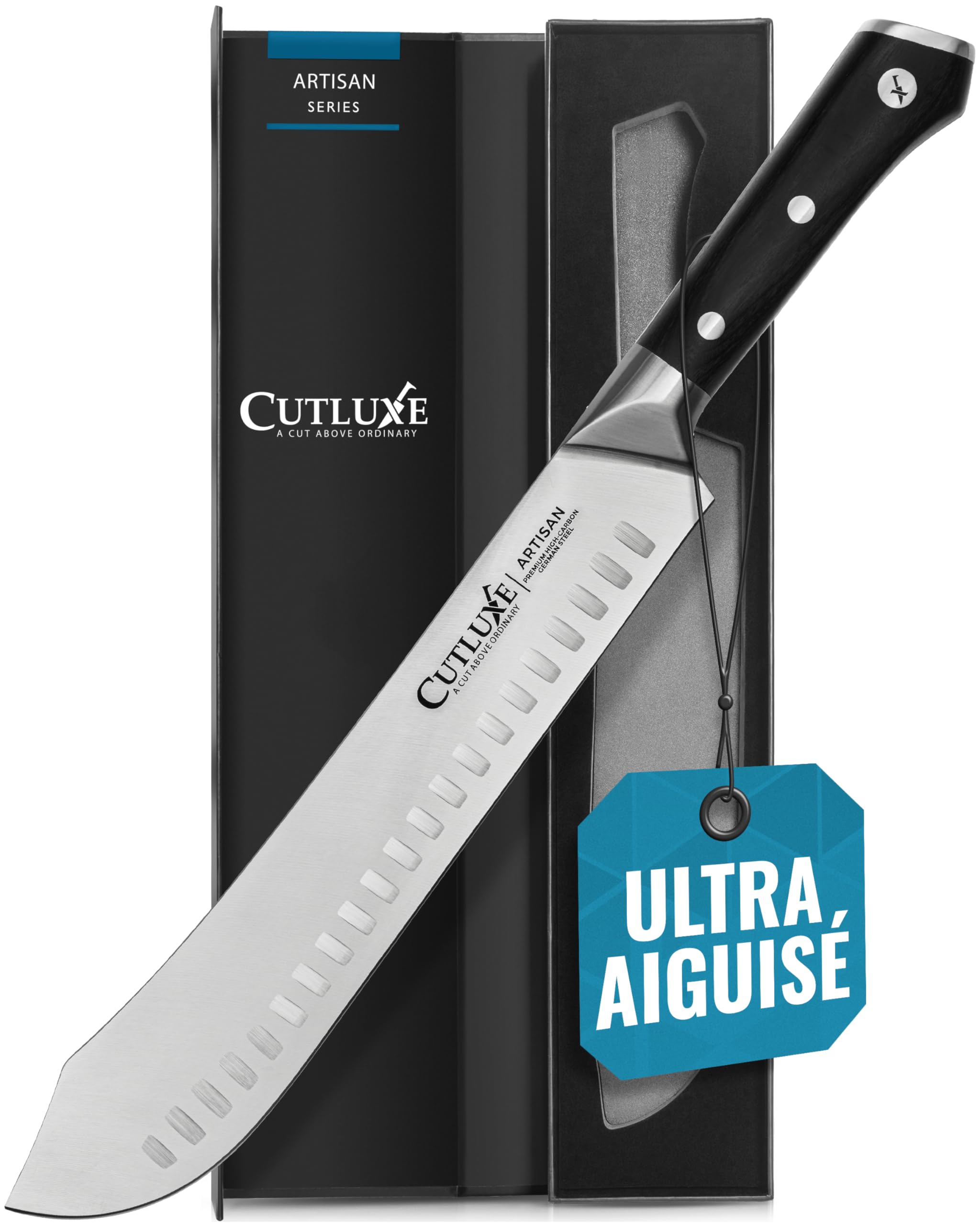 Cutluxe Couteau de Boucher Bullnose - Couteau a Viande 25cm - Acier Allemand à Forte Teneur en Carbone - Couteaux de Chef Professionnel Tang Complet - Série Artisan