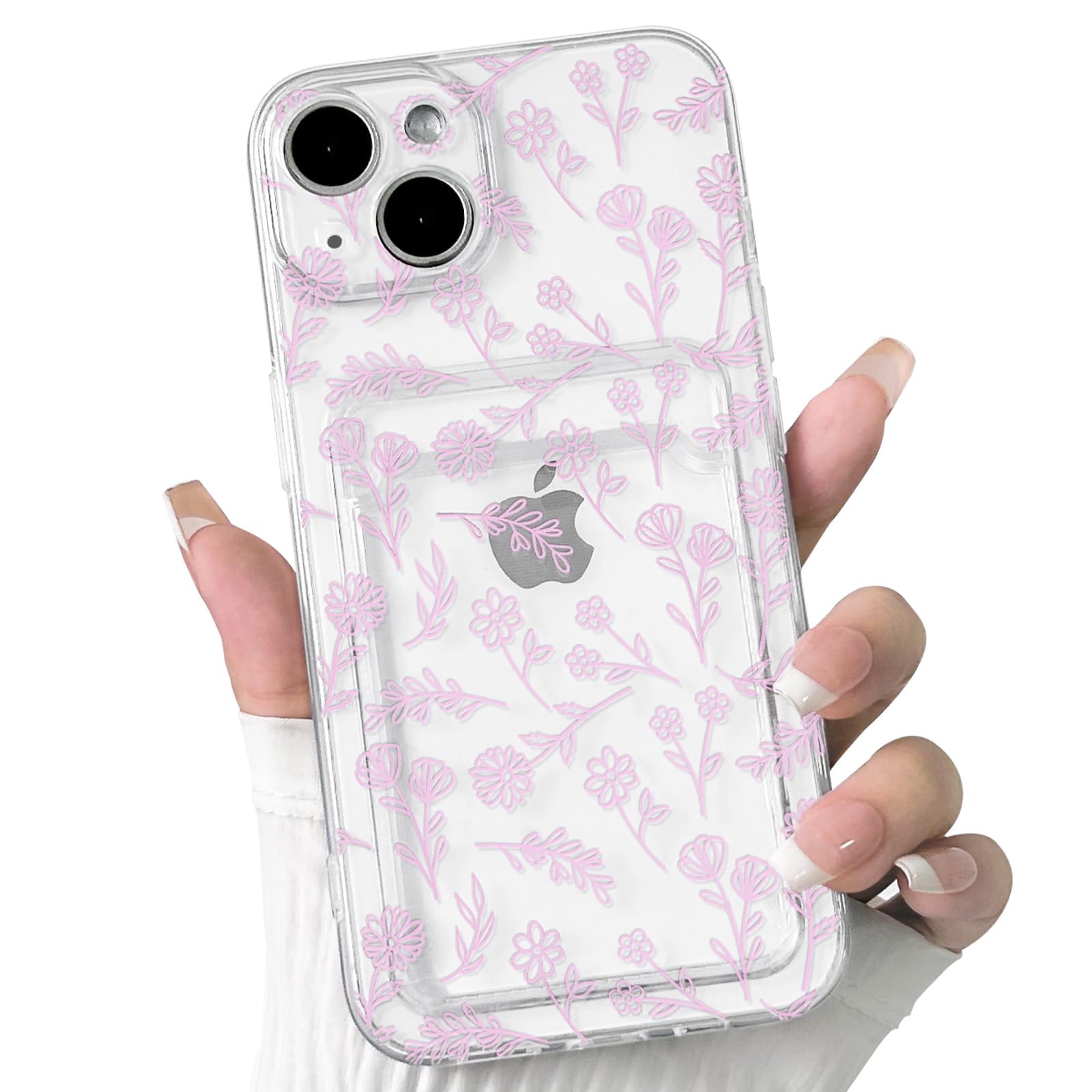 NITITOP Compatible with iPhone 13 Mini Case Clear with Card Holder Cute Flower Floral Leave Pattern for Women Girl Soft TPU Shock-Absorbing Wallet