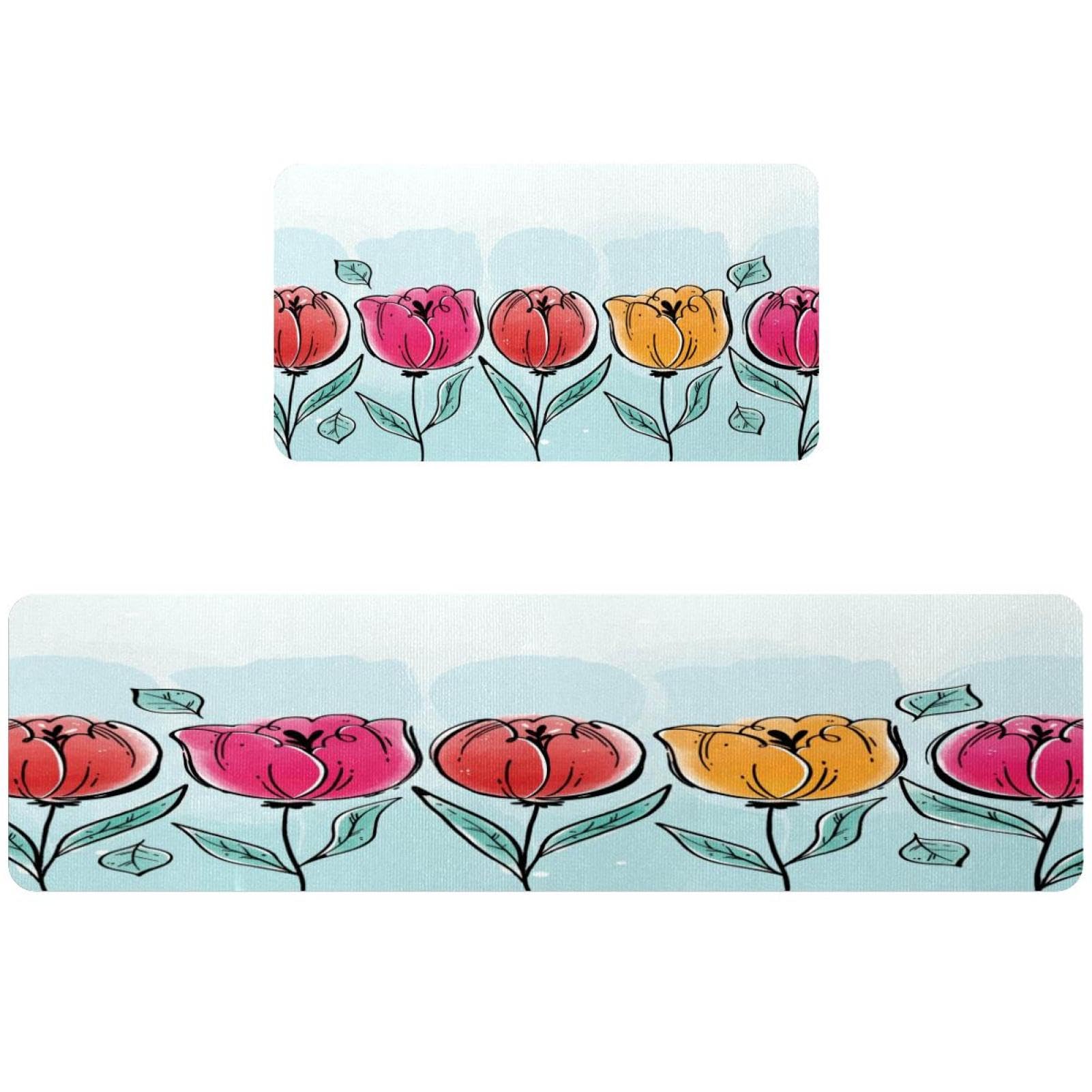Alfombrilla de cocina absorbente VAPOKF con estampado floral de tulipán rojo lavable a máquina