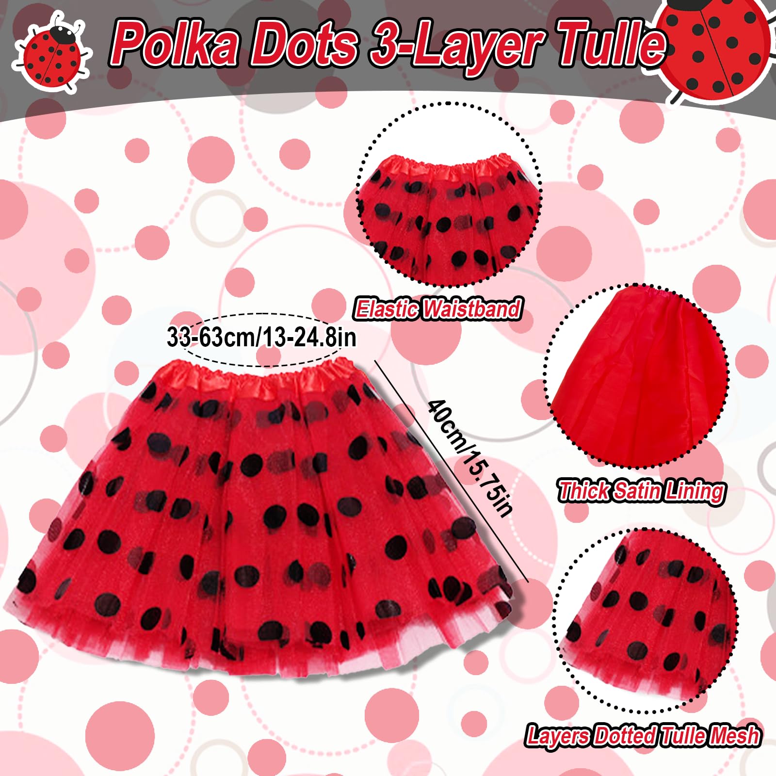 Xerteam Lady Bug Costume Girls Adult, Ladybird Costume Accessories Set, Red Tutu (40cm/15.75in) Bug Sunglasses Headband Leg Warmers Fingerless Gloves Face Stickers, Animal Fancy Dress for Age 6+ - Image 4
