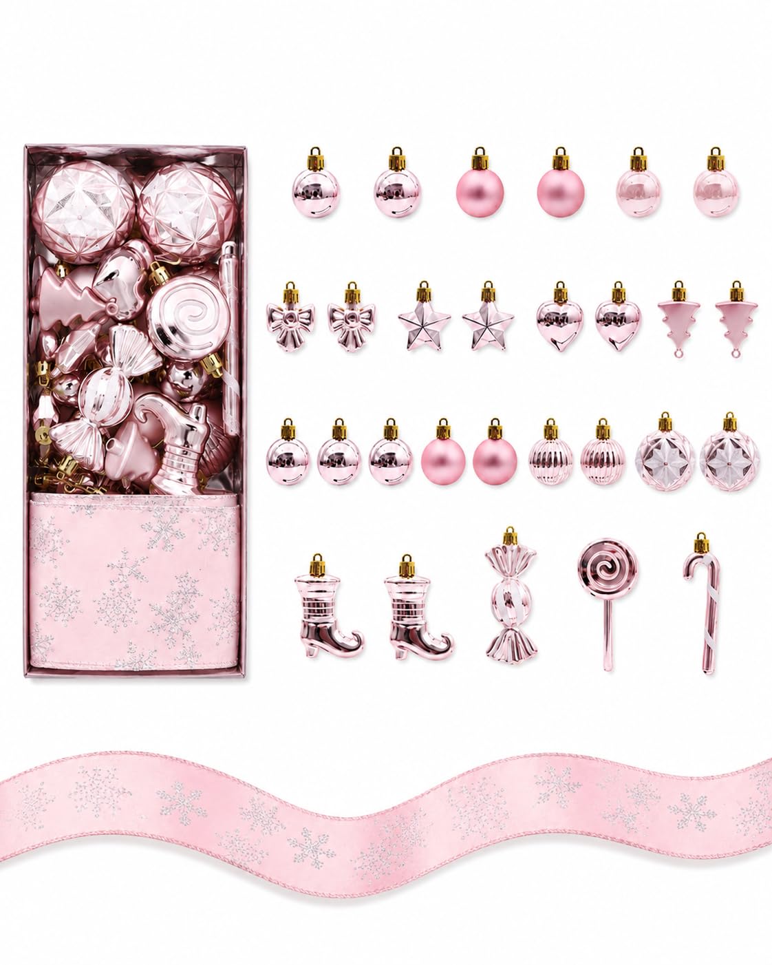 Lot de 30 boules de Noël - 1 ruban et 29 décorations de Noël dans des formes originales pour l'intérieur et l'extérieur - En plastique (or rose)
