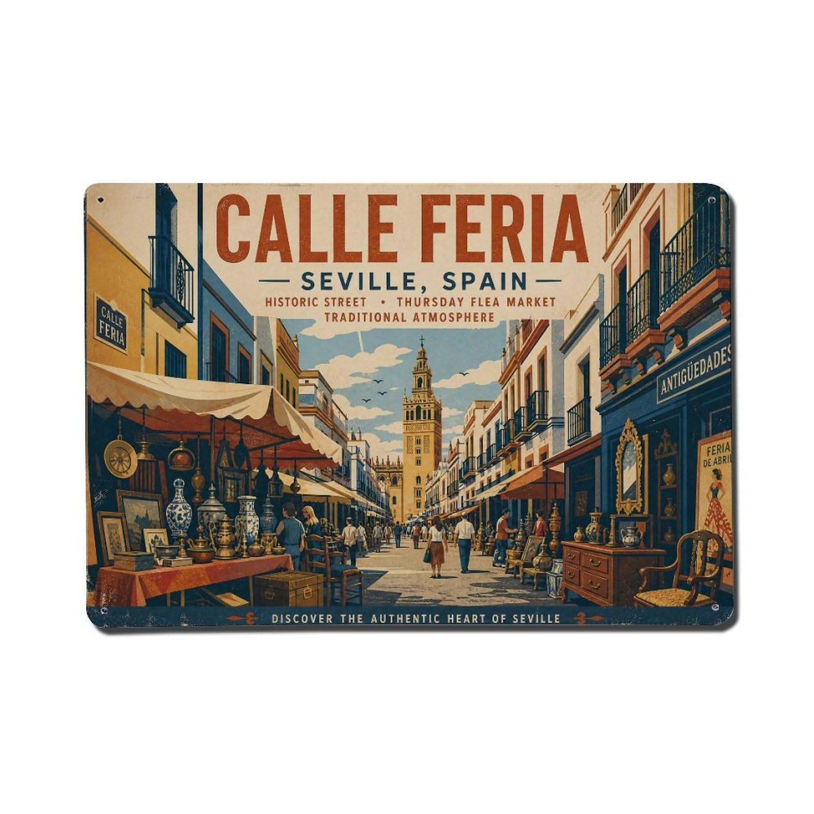 Vintage Travel Calle Feria Seville Market Street Thursday Metal Tin Sign