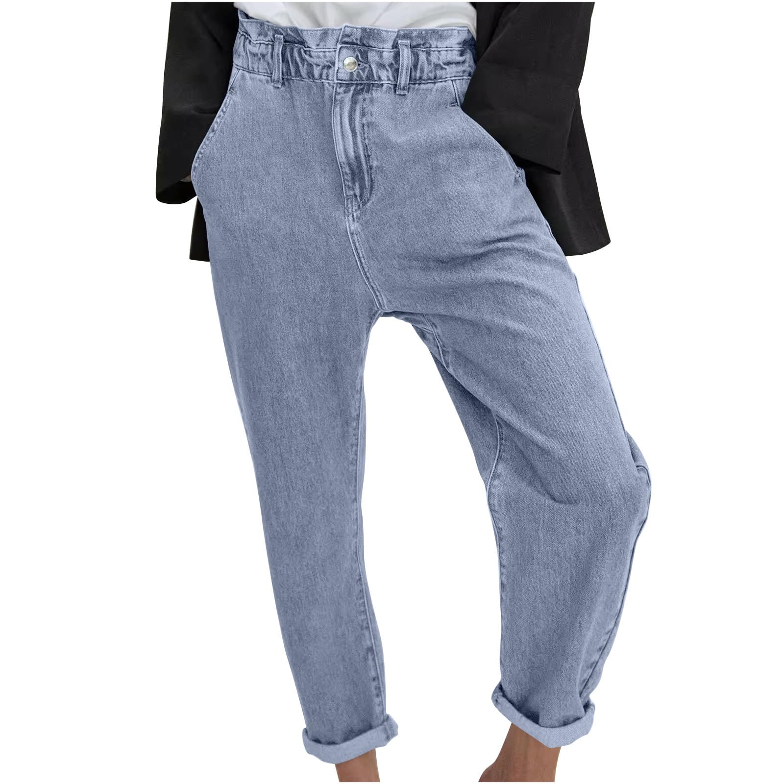 Generic Wide Leg Denim Pants for Women Elastic Waist Pants Solid Color Button Pant Summer Casual Pants Dressy