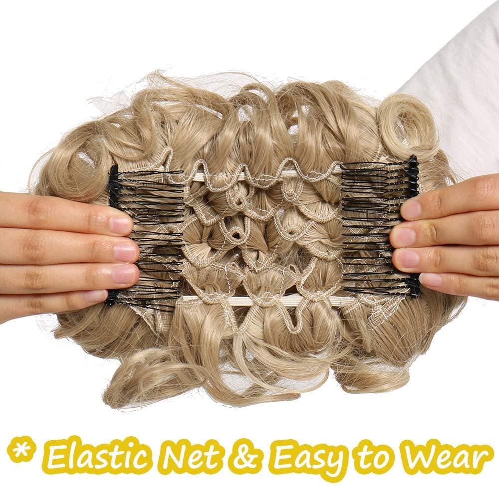 Messy Curly Hair Bun Scrunchie Hair Extension Stretch Combs with Clip in Ponytail Chignon Hairpiece -Sandy & Bleach Blond - Image 4
