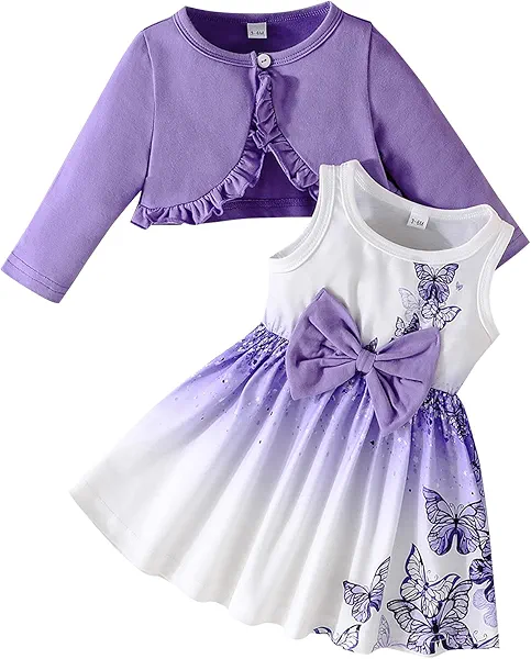 Kunyeah Baby Girls Dress and Cardigan Set Infant Ruffle Shrug Coat Butterfly Print Skirt Toddler Long Sleeve Outfit