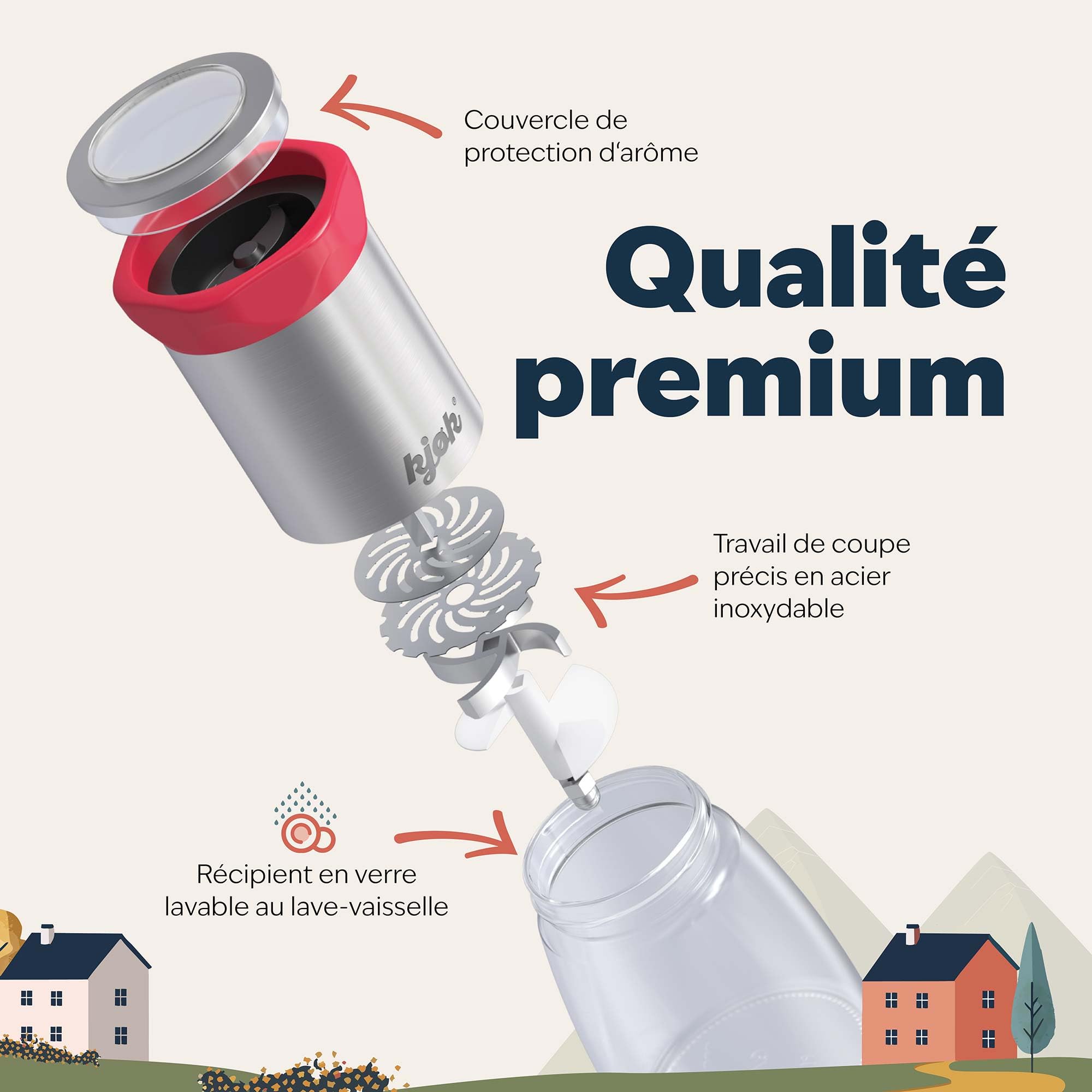 kjøk Moulin à piment premium en acier inoxydable & verre coupe-chili avec mécanisme de coupe en acier, moulin chili, réservoir de 100ml, coupe-épices avec couvercle aromatique