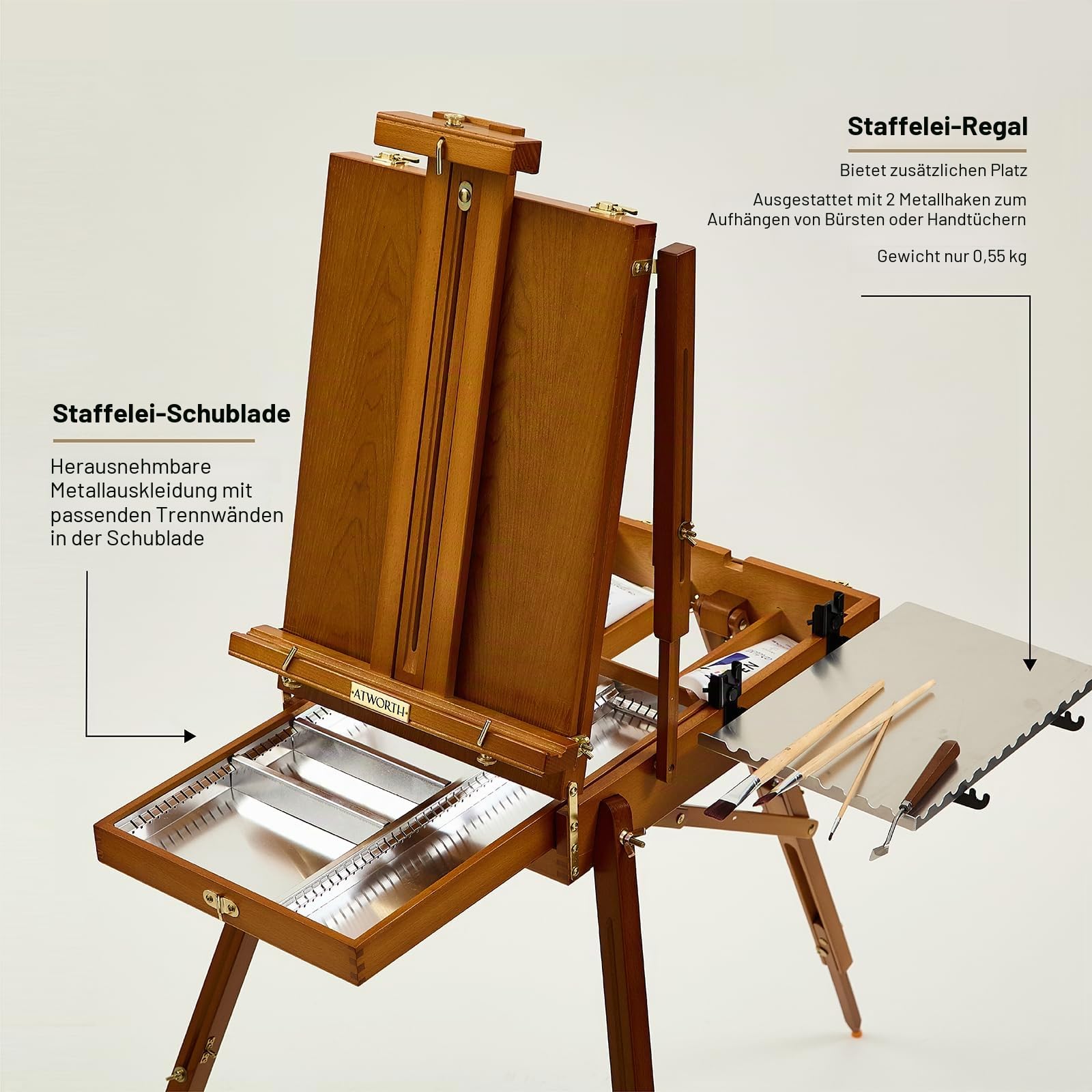 Staffelei Holz Groß, Französische Kofferstaffelei Studio-Skizzenbox aus Buchenholz, Tragbare Kunststaffelei mit Schublade für Künstler, Hält Leinwand bis zu 86,4cm, Leichtes Walnuss