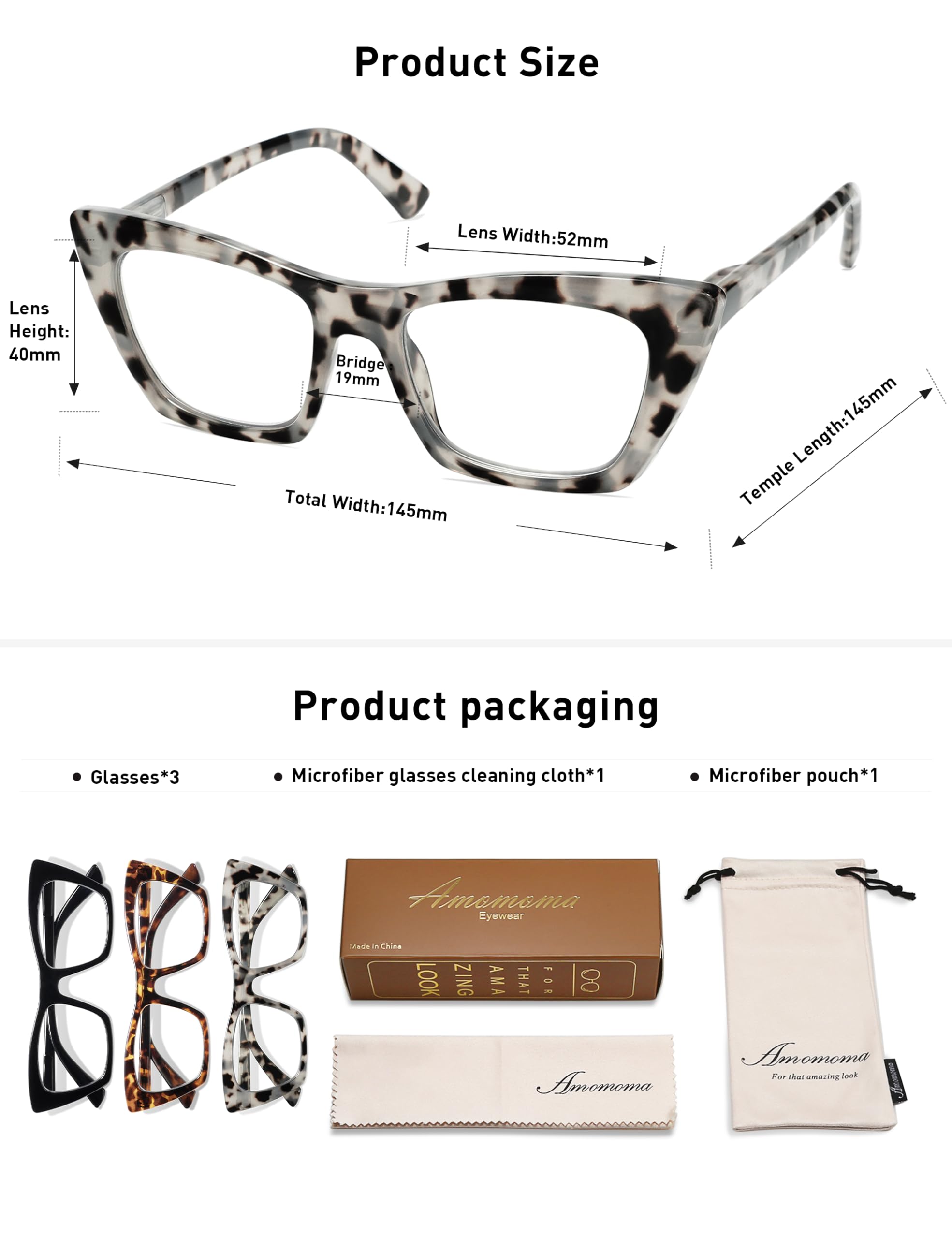 Lesebrille, übergroß, für Damen, Katzenauge, quadratisch, blaues Licht, Computerleser AM6028, C1 BLK+C2 Tortoise + C5, Schildkrötengrau, 52-19-145, 2 Stück