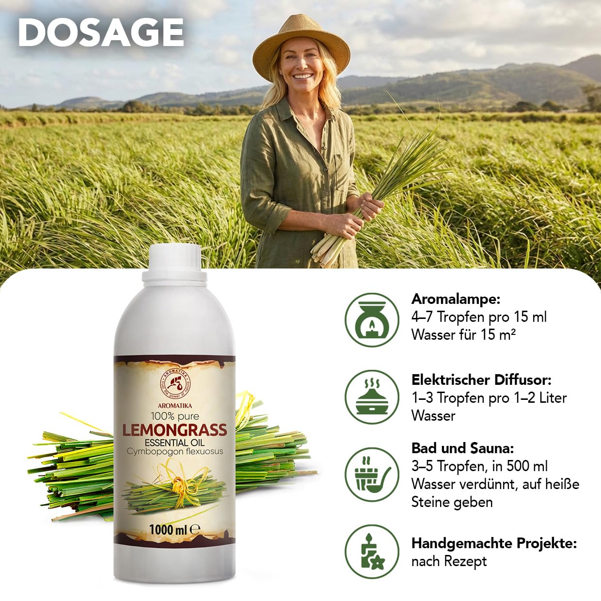 Ätherisches Zitronengrasöl 1000 ml - Cymbopogon Flexuosus - Reines Ätherisches Zitronengras Öl - für Diffusers und Duftlampen - Frischer Duft - für Aromakerze - Seife - Lufterfrischer - Aromatherapie
