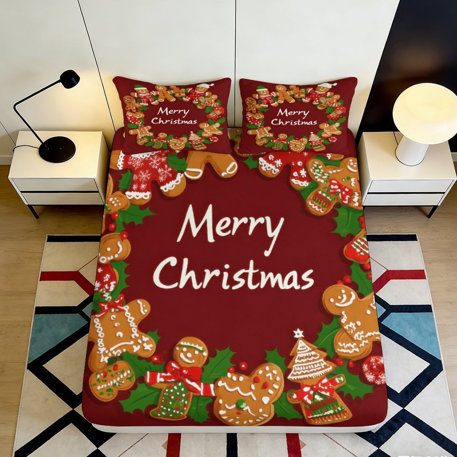 3D Printed Gingerbread Christmas Fitted Sheet Microfiber Anti-slip Bed Cover for Bedroom Dorm House Decor 90x200x25cm