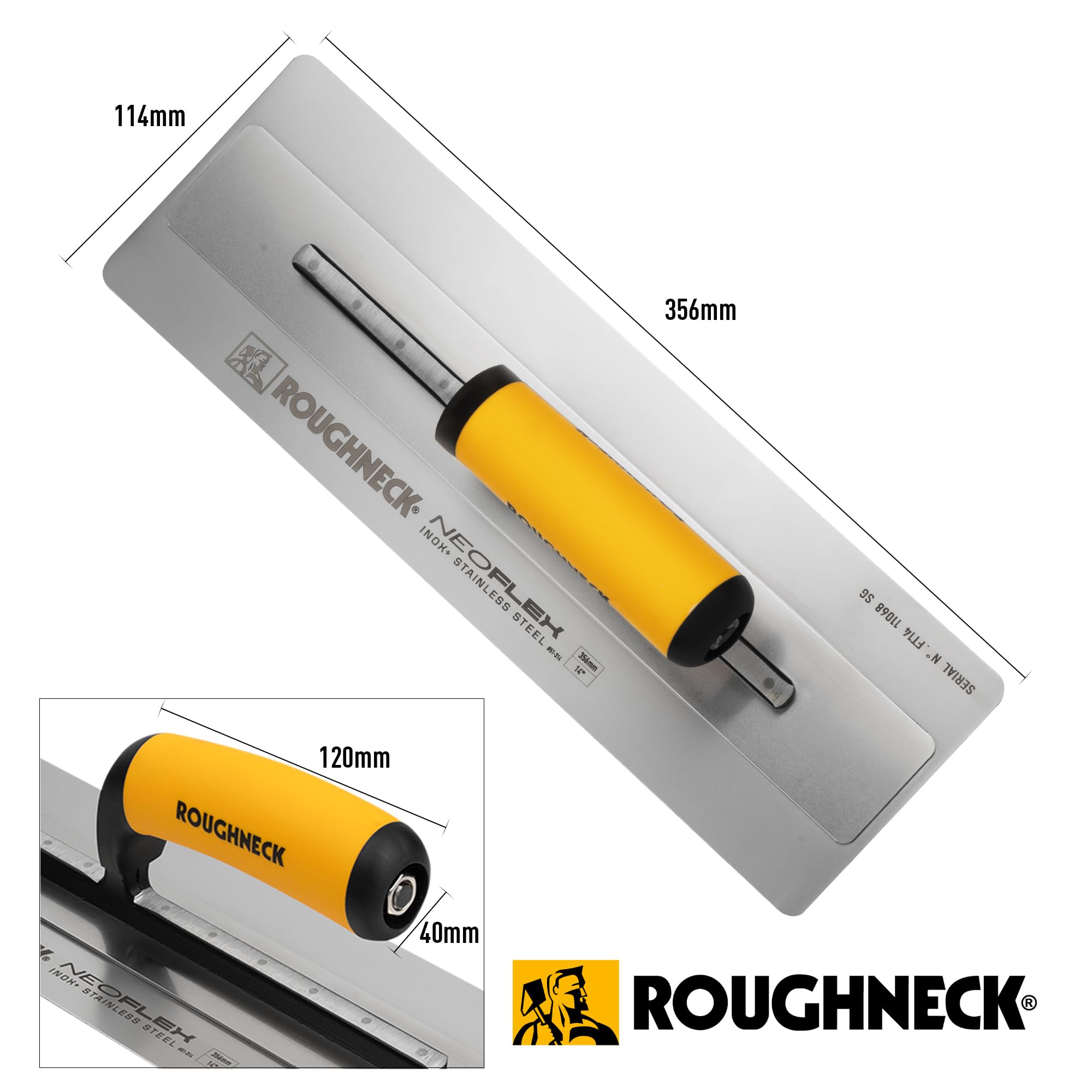 Roughneck NEOFLEX Kielnia wykończeniowa tynkarska 114 mm x 356 mm – austenityczne ostrze ze stali nierdzewnej Hi-Flex, środkowy grzbiet, zaokrąglone narożniki, ultra elastyczne ostrze 0,4 mm i miękki