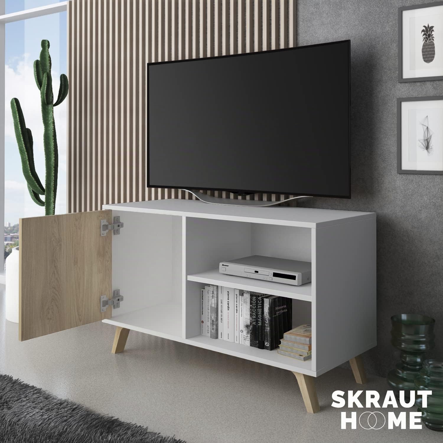 Skraut Home | Mueble de TV para Salón | 57 x 95 x 40 cm | Indicado para TV de 32/40" | Modelo Wind 100 | Blanco Mate/Roble