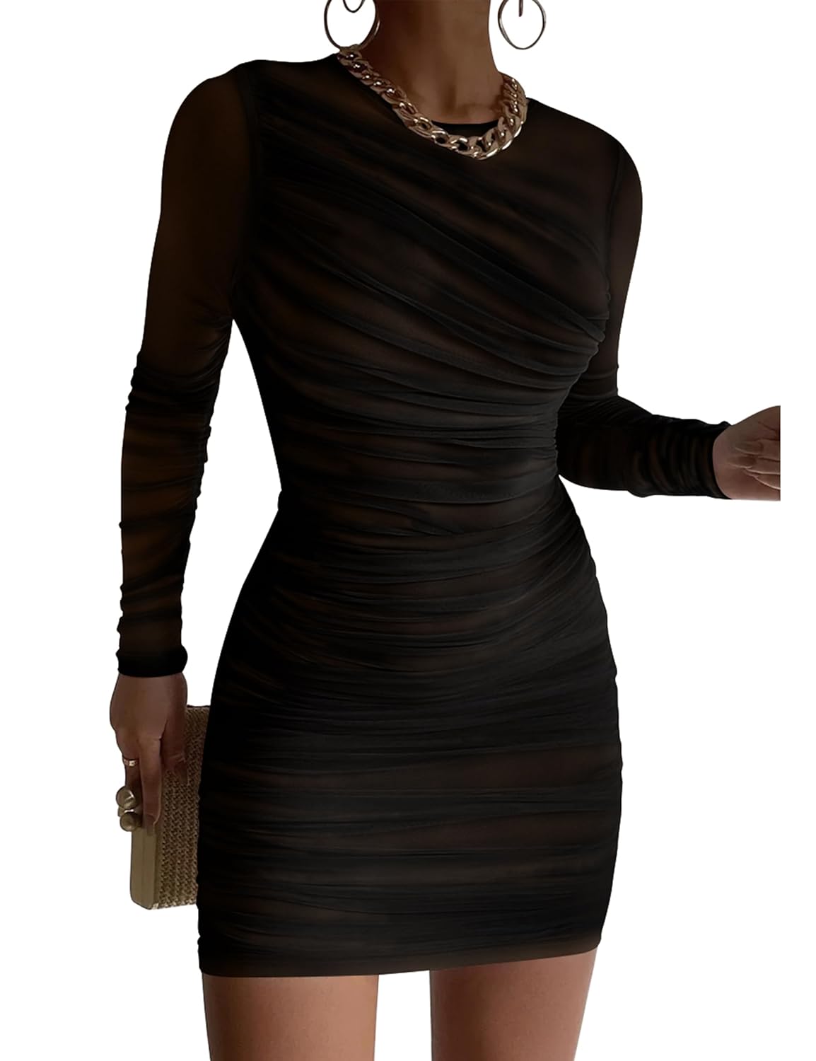 GOKATOSAU Womens Sexy Round Neck Mesh Long Sleeve Full Ruched Bodycon Mini Dress