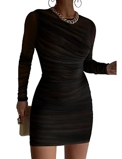 GOKATOSAU Womens Sexy Round Neck Mesh Long Sleeve Full Ruched Bodycon Mini Dress