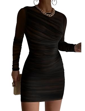 GOKATOSAU Womens Sexy Round Neck Mesh Long Sleeve Full Ruched Bodycon Mini Dress