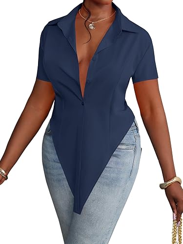 LYANER Women's Collar V Neck Button Front Short Sleeve Slit