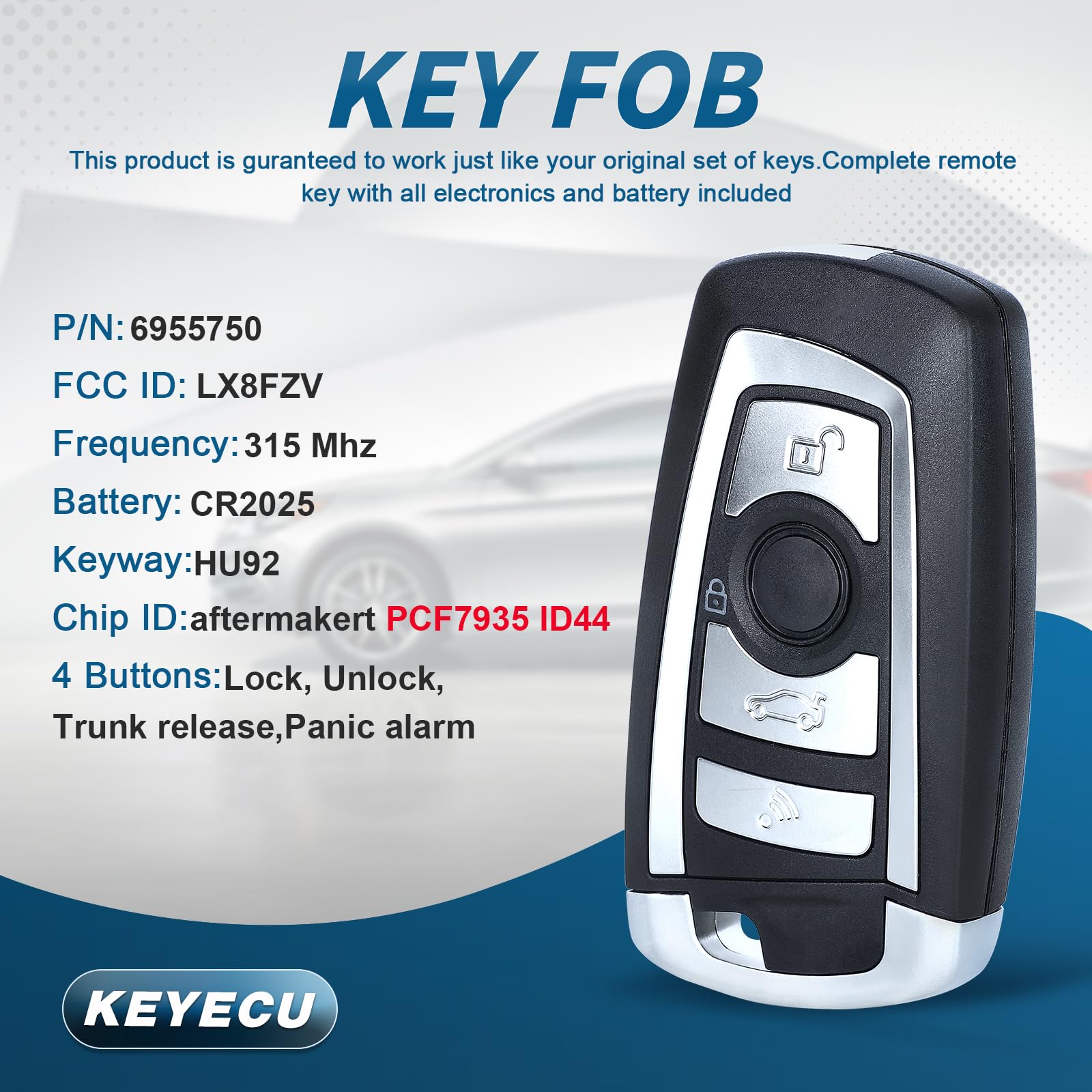Keyecu EWS - Telecomando a 4 pulsanti per BMW X5 Z3 Z4 2001-2005 HU92 Blade