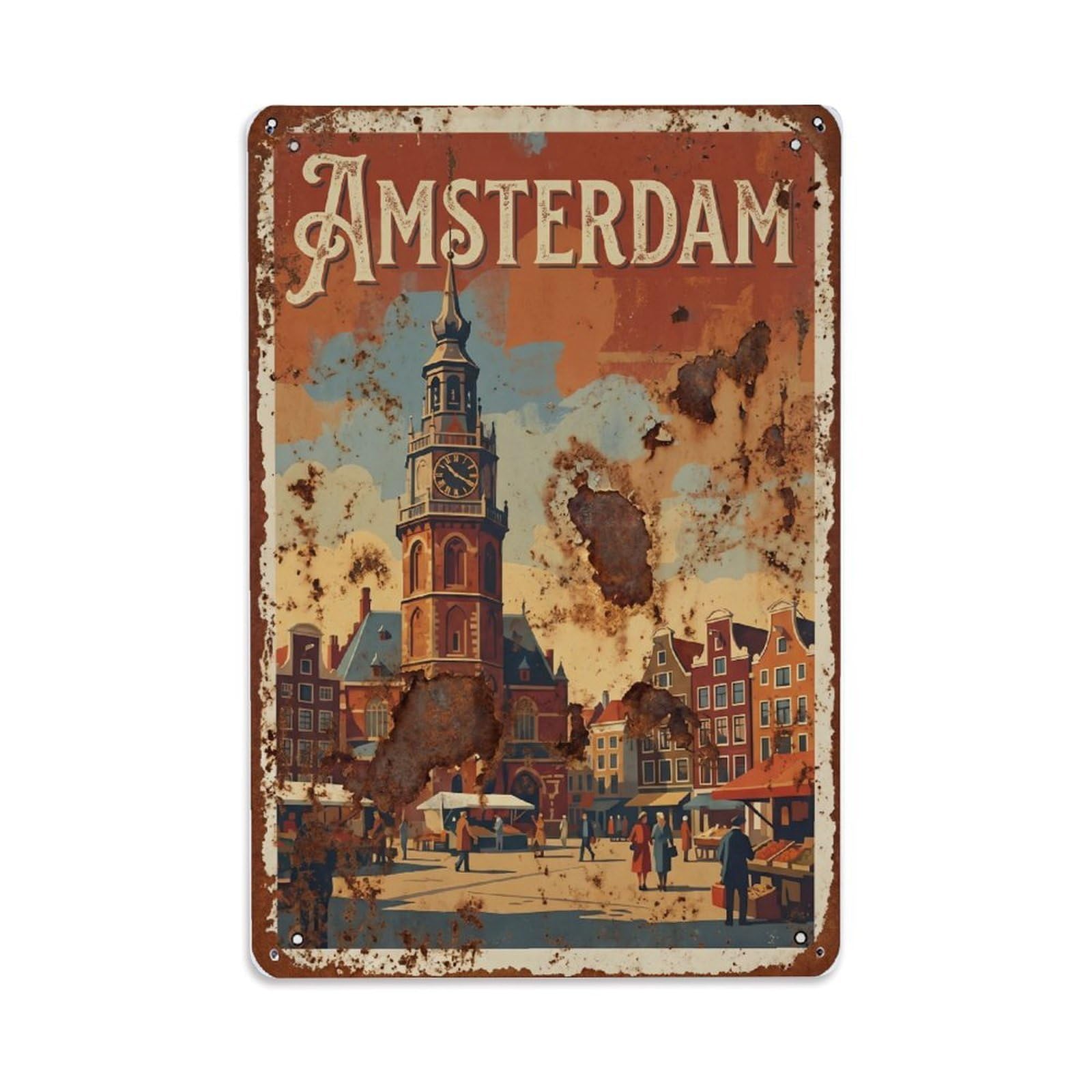 Vintage Travel Clocktower Netherlands Historic Metal Tin Sign Plaque Wall Decor for Cafe, Club Bar, Office, Home Garden Metal Poster 8x12Inch