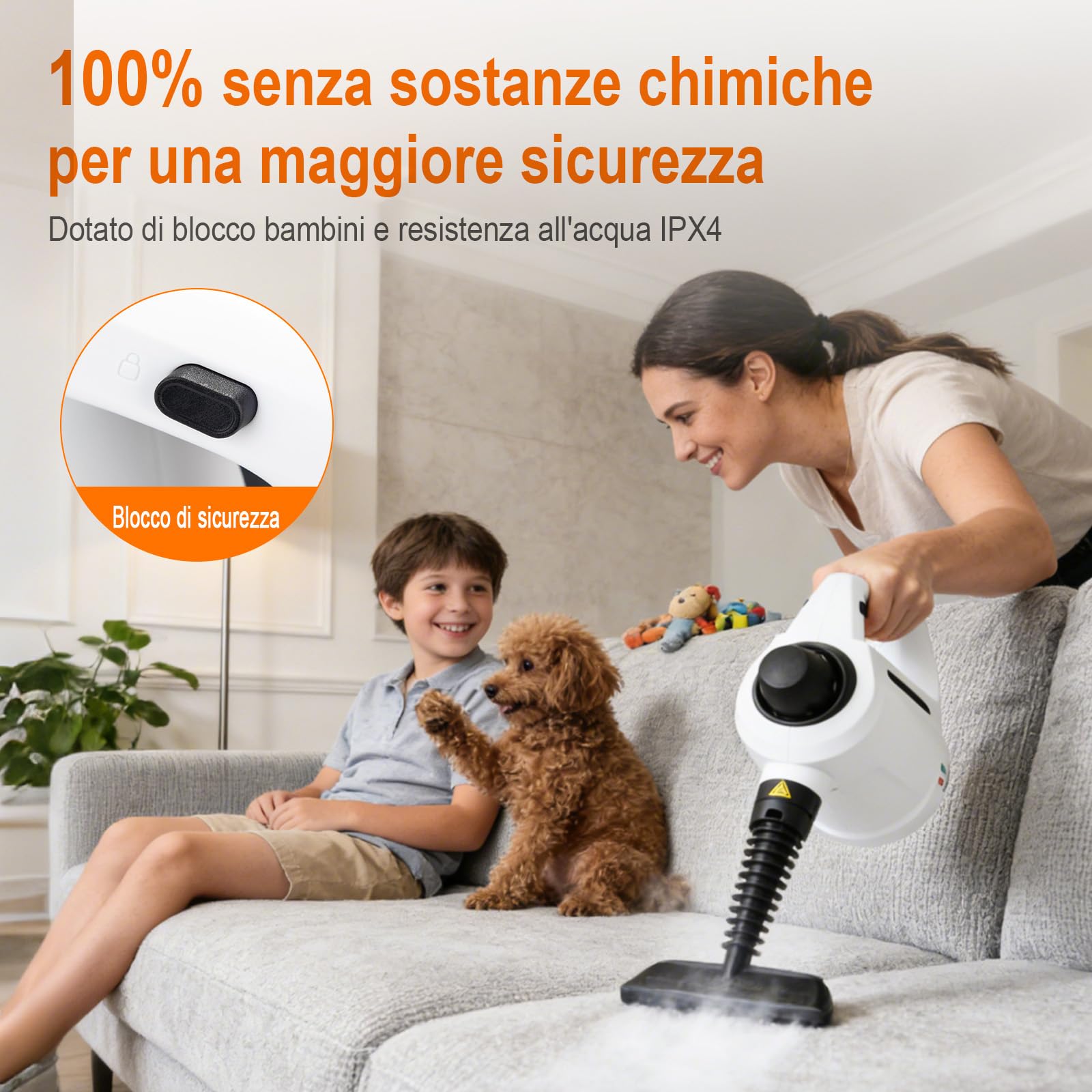 Ibergrif Pulitore a Vapore Portatile, Pistola a Vapore 1050W con 12 Accessori, 3 Bar Alta Pressione, Soluzione Naturale Senza Additivi, per Divani, Cucina, Fughe e Vetri, 350ml, Bianco