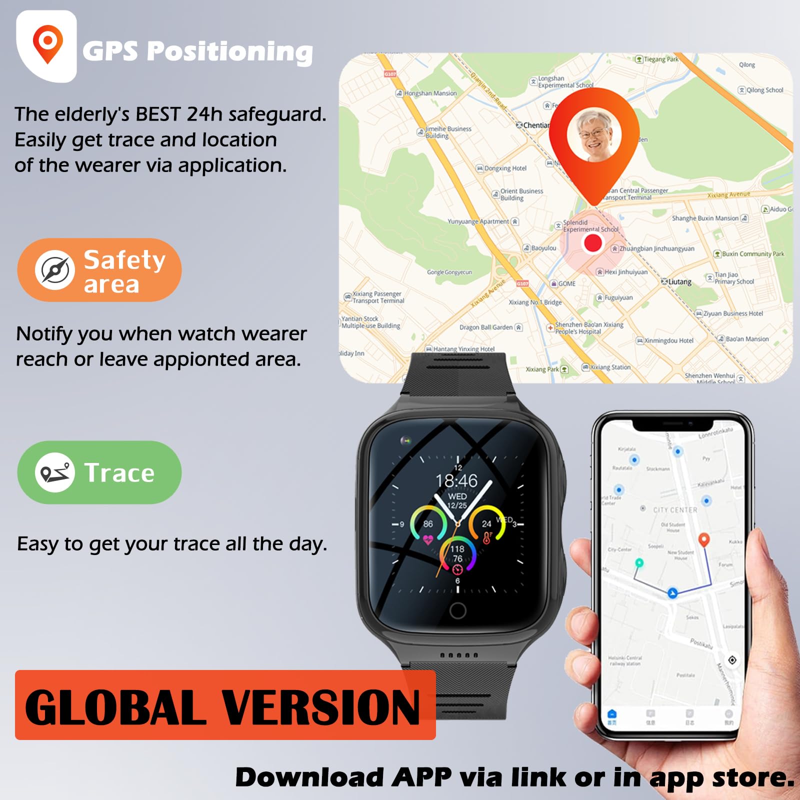 Elderly 4G GPS Smart Watch Waterproof Senior Real-Time Tracking Phone Video Call SOS Emergency Alarm Voice Message Geo-Fence Touch Screen Pedometer Anti-Lost Tracker Father Mother's Day Global Version