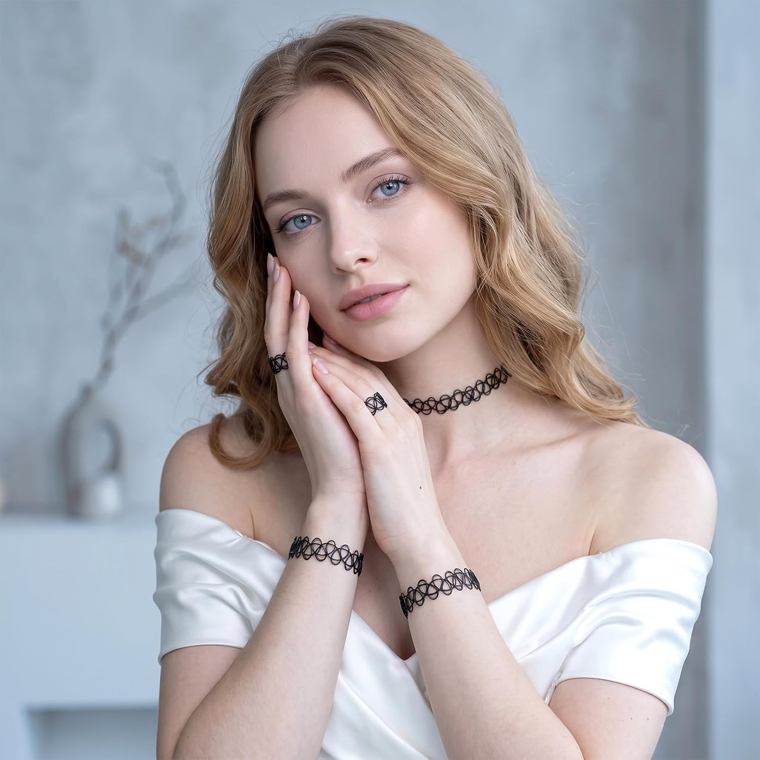 18 Pcs 90s Tattoo Choker Jewelry Set - Stretch Gothic Choker Necklace Bracelets Ring, Retro Grunge Y2K Adjustable Accessories for Women（9 Black & 9 Multicolored） image 4