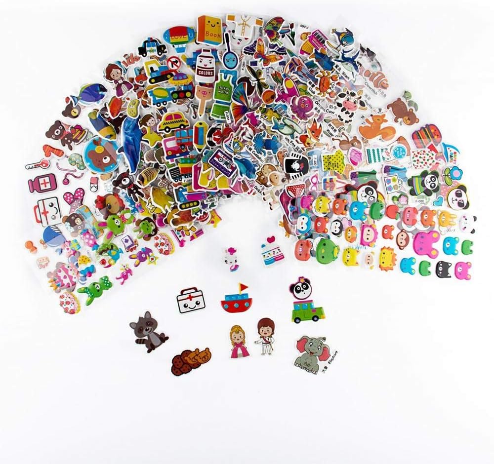 20 Different Sheets Kids Stickers (1000 count), 3D Puffy Stickers, Craft Scrapbooking for Kids, Including Animals, Cars, Trucks, Airplane, Food, Letters, Flowers, Pets and Tons More