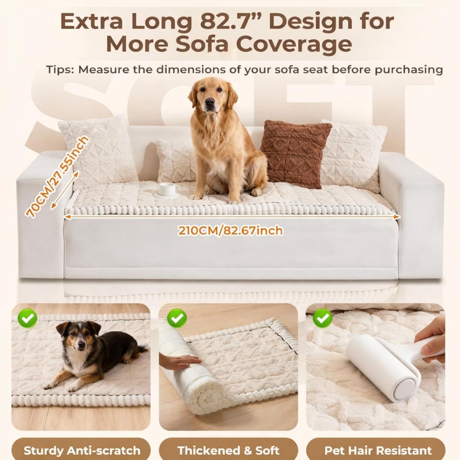 Extra Long Velvet Couch Cover for Sofa, Pet-Friendly Non-Slip Washable Furniture Protector, White, 27.6 x 82.7 Inch