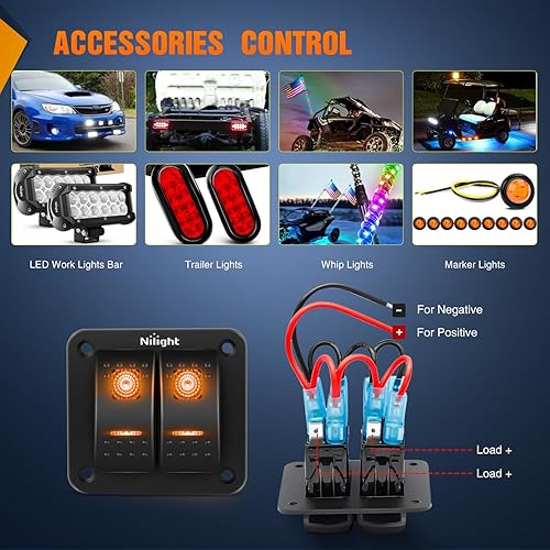 Vista 7 de Nilight Panel de Interruptores Basculantes de 2 Posiciones con Luz LED Naranja, 5 Pines On/Off, Interruptores Basculantes de Aluminio Precableados