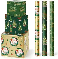WERNNSAI Rolos de papel de embrulho de Natal – 3 rolos 43,2 cm x 304,8 cm papel de embrulho de Papai Noel para crianças, papéis de embrulho para presente de Natal, Feliz Natal e árvore de Natal para