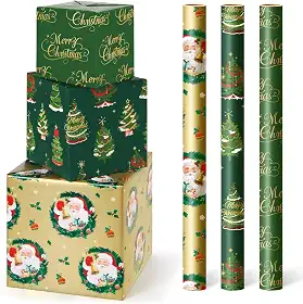 WERNNSAI Rolos de papel de embrulho de Natal – 3 rolos 43,2 cm x 304,8 cm papel de embrulho de Papai Noel para crianças, papéis de embrulho para presente de Natal, Feliz Natal e árvore de Natal para