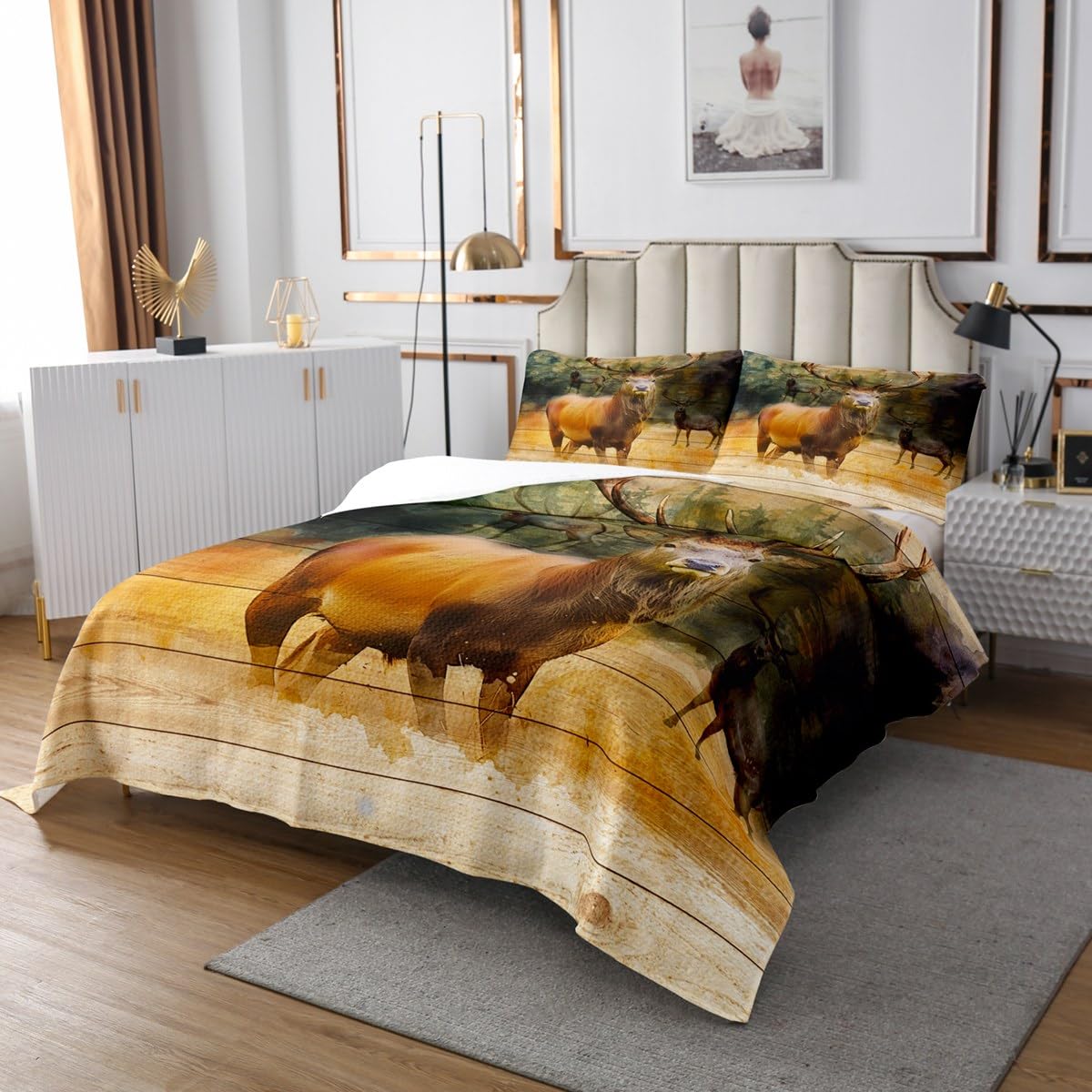 Elk Deer Coverlet Set Chic Rustic Farmhouse Wildlife Animals Quilted Coverlet Trees Vintage Old Plank Style Comforter Set Bedspreads Quilt Set for Children Kids Coverlet Set,Twin Size 2 Pcs
