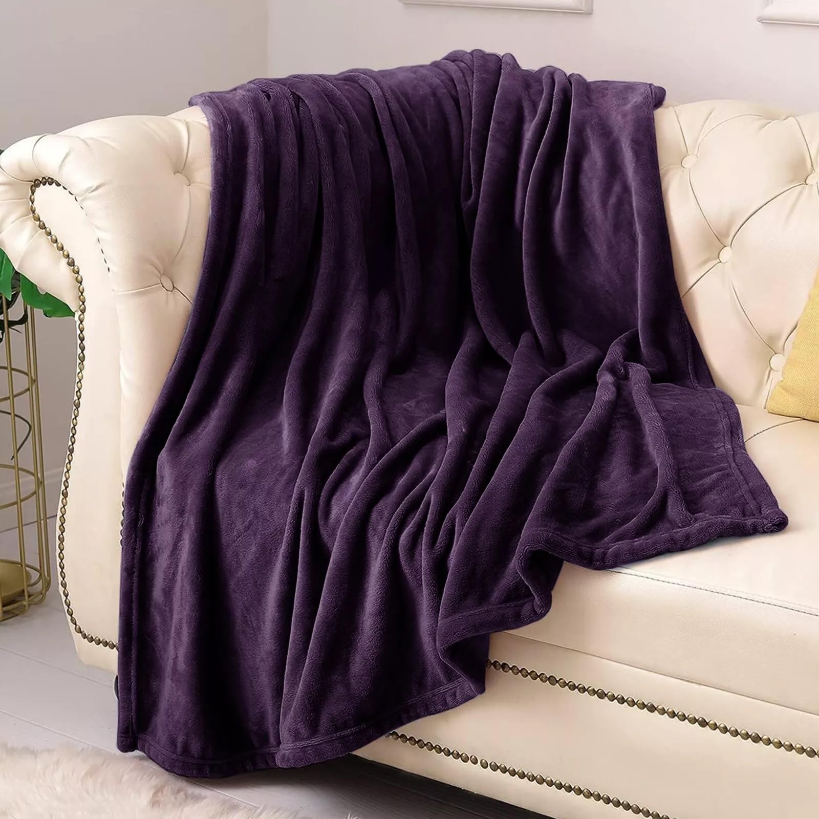 Plain Throw Fleece Blanket Supersoft Warm Cozy Sofa Settee Bed Cover for Home Couch & Bedroom (Aubergine, King)