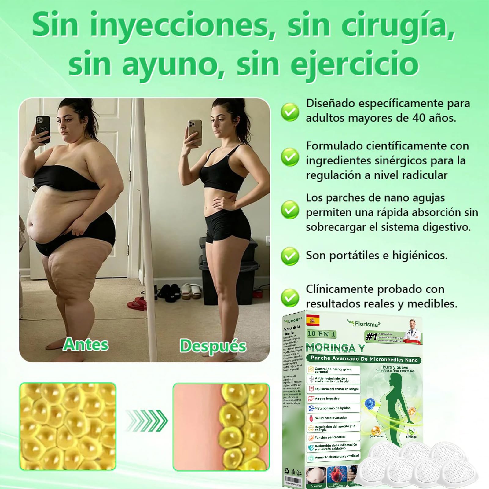 Florisma Moringa NAD+ Parche 10 en 1, Florisma Parches, Ingredientes Naturales, para hombres y mujeres (4 Caja)