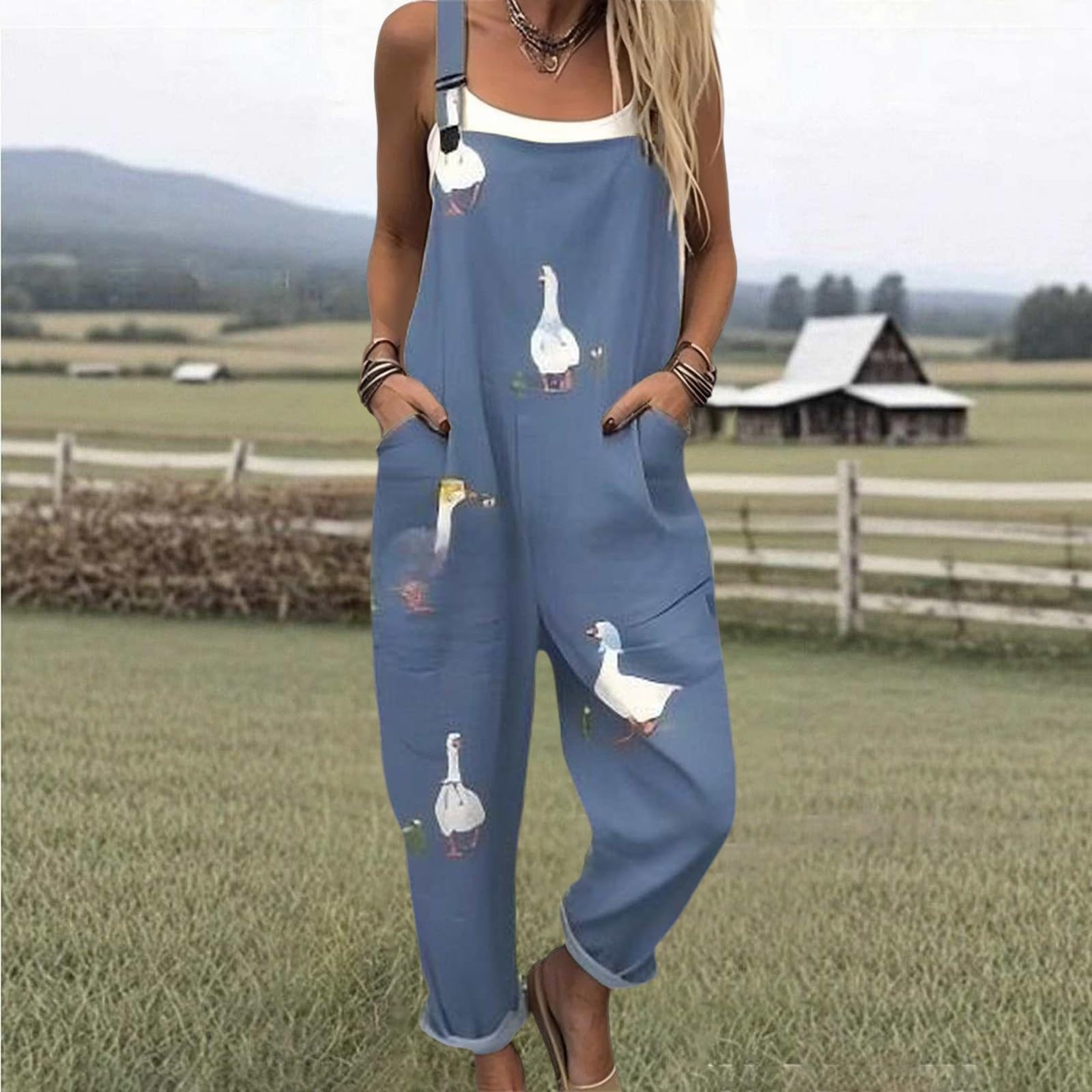 Generico Salopette Donna Estiva Lunga Elegante Tuta Jumpsuit Intera Curvy Casual Moda Stampa Jumpsuits Comoda Larga Pantaloni Da Lavoro Con Tasca Leggera Baggy Salopettes da Casa, Playsuit Mare