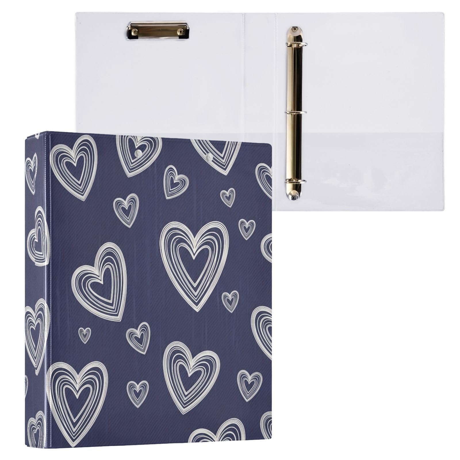 Carpeta de 3 anillos de 1.5 pulgadas con corazones de garabatos blancos, carpeta de anillos redondos con clip de metal, organizador A4 para el hogar y la oficina, paquete de 2