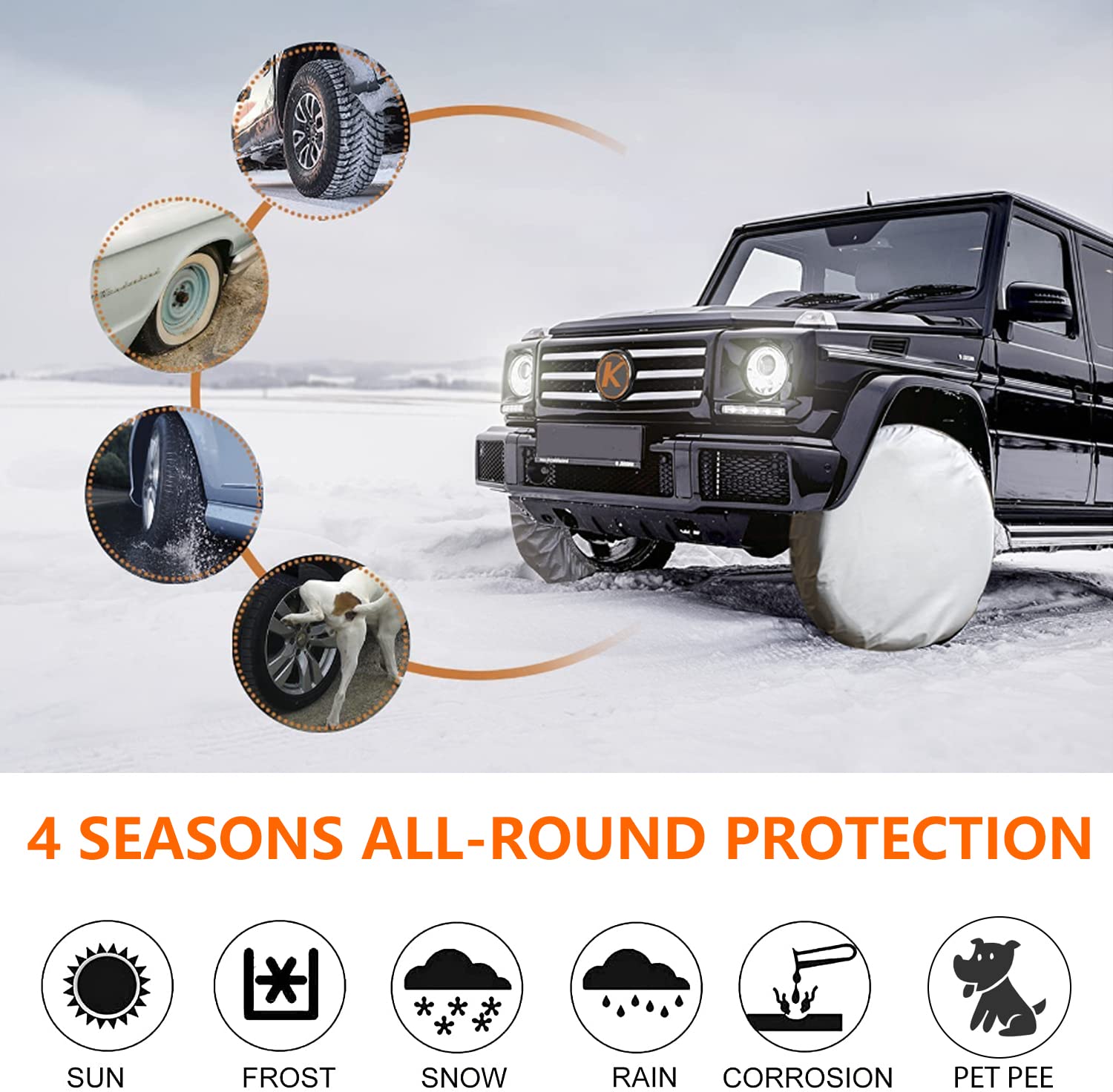 Lot de 4 housses de pneu de secours en film d'aluminium imperméable à l'eau et à la poussière avec crochets pour remorque, camping-car, camion, SUV, camping-car, Jeep, protection contre les UV