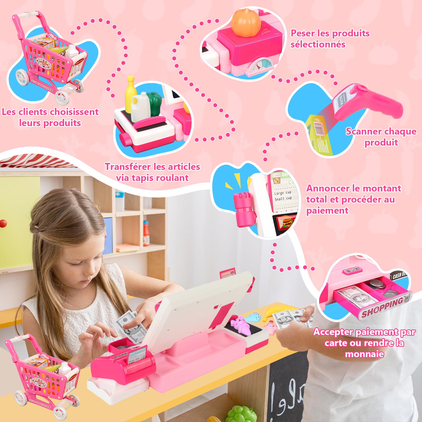 IEEILULU Caisse Enregistreuse pour Enfants - Inclut 52 Accessoires(Calculatrice, Scanner Son et LumièRe, POS, Chariot de Courses, etc.), Caisse Enregistreuse Jouet, Cadeau pour Garçon Fille de 3+ Ans