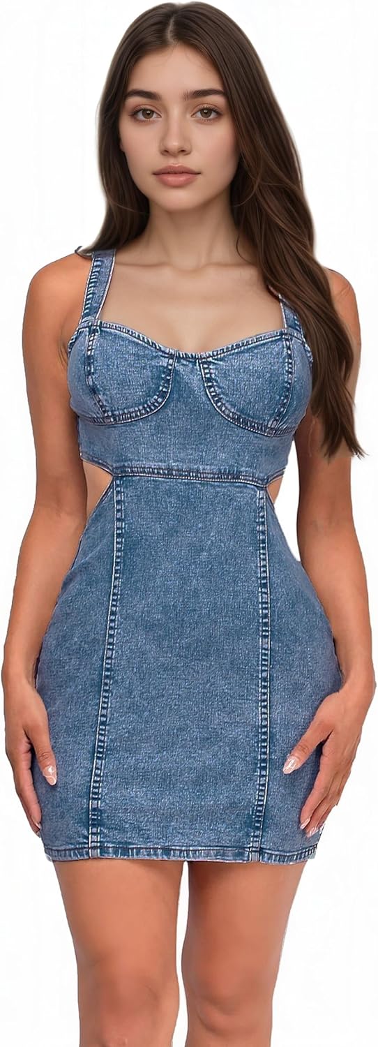 JWJP&CCYIQI Denim Bodycon Dress One Piece Cut Out Sleeveless Jean Mini Dresses - Image 6