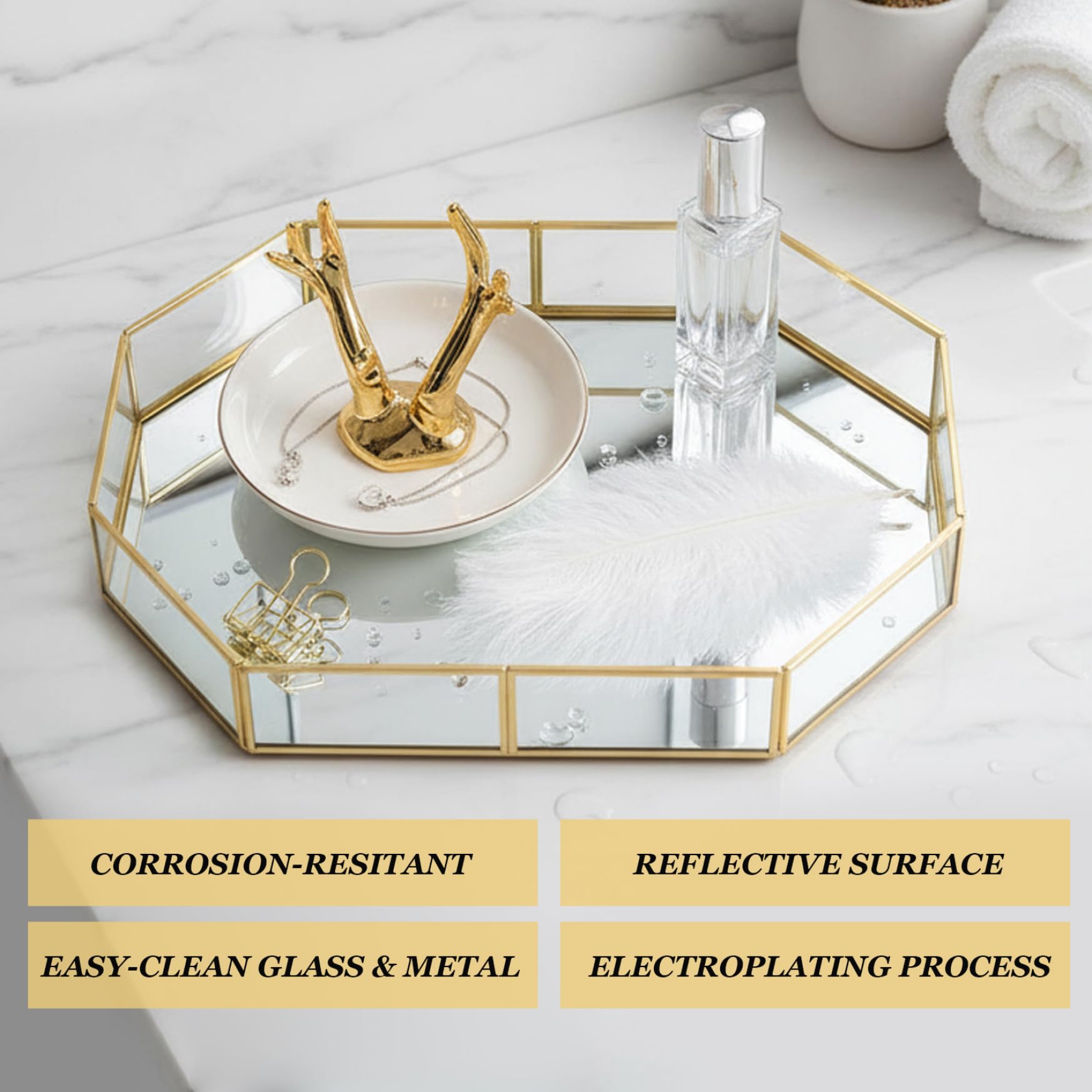 Bandeja geométrica con Espejo, bandejas de Perfume de 12, 4 Pulgadas con Marco Dorado para Almacenamiento de Joyas, Bandeja Decorativa Dorada para baño y Dormitorio.