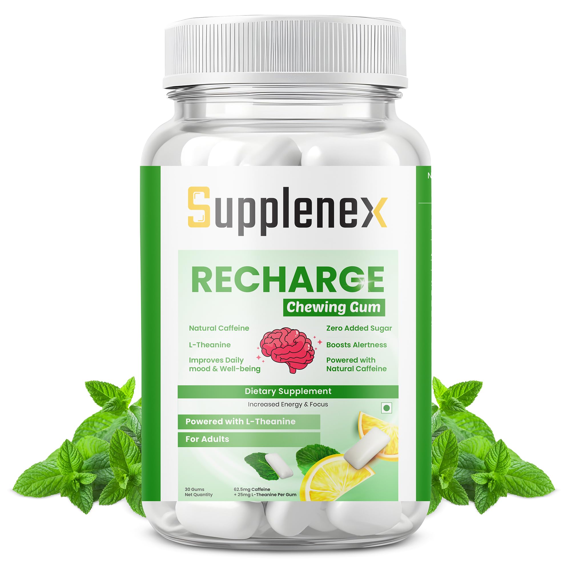 Caffeine Energy Gum with L-Theanine for Focus, Memory & Alertness | Sugar Free Chewing Gum | Mint Flavor | 30 Gums