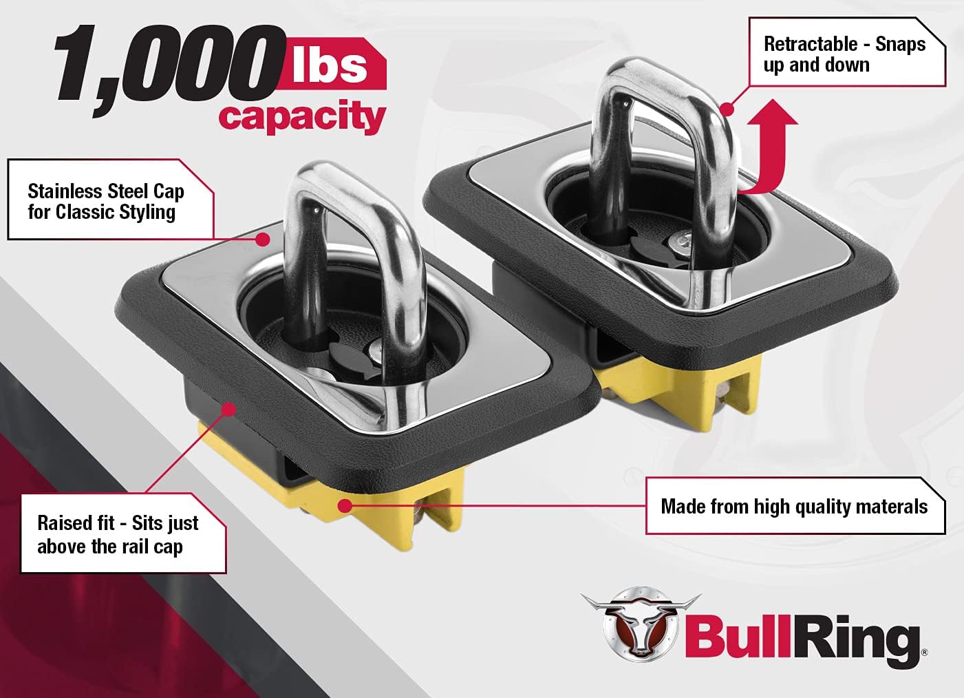 Bull Ring Retractable Truck Bed Tie Down Anchors, 98-12 Ford Ranger, 98-14 F150, 98-16 F250 & F350 Super Duty, 99-13 Silverado, 99-13 Sierra 1500 2500 & 3500, 95-18 RAM 1500 2500 & 3500 (1 Pair)