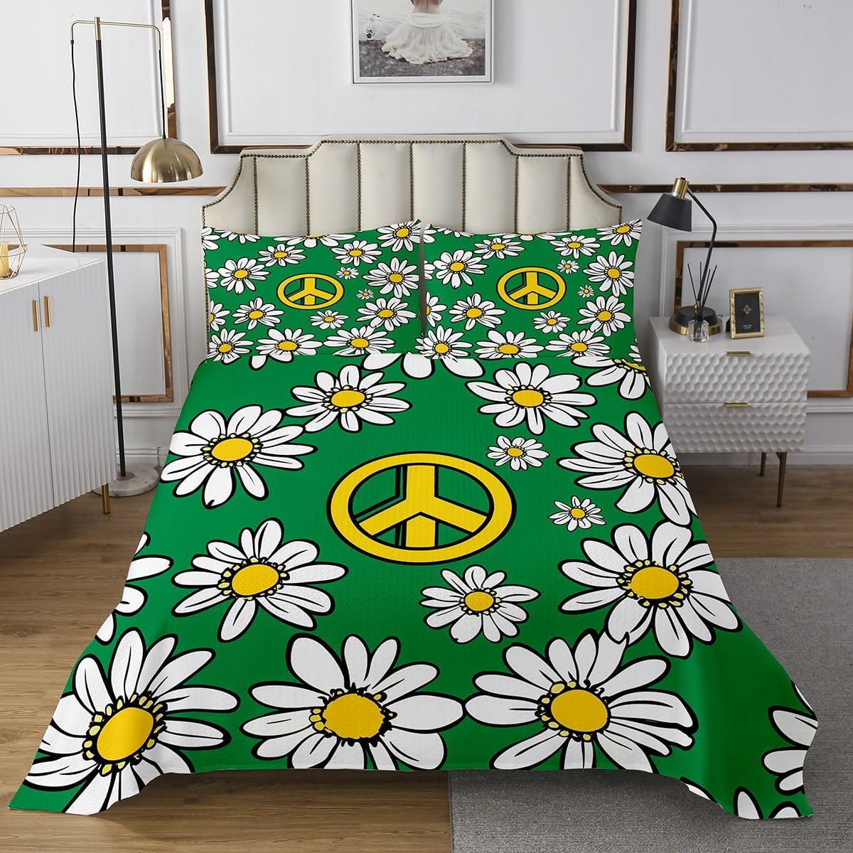 jejeloiu Groovy Bedspread 70s Retro Psychedelic Flower Bedspread for Kids Boys Girls Exotic Hippie Coverlet Set Boho Disco Aesthetic Quilted Room 3Pcs King Size