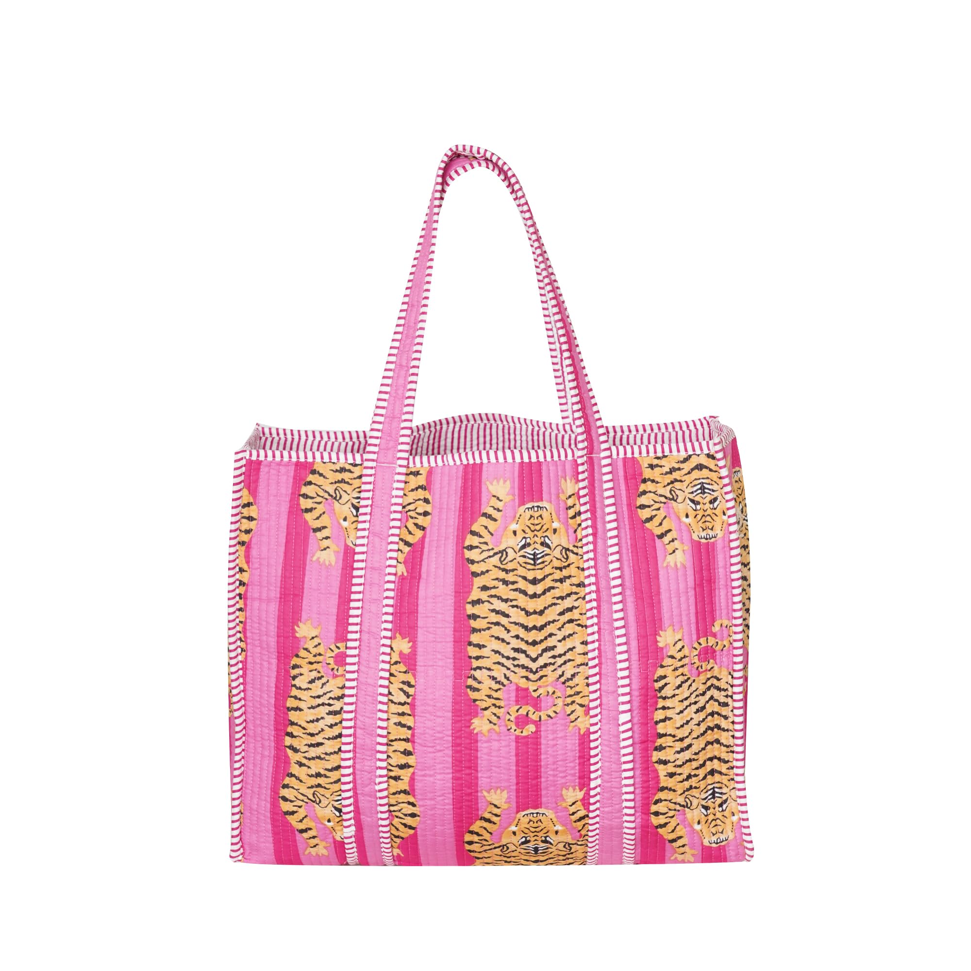 Handmade Tiger Print Quilted Cotton Tote Bag for Women, Boho Shoulder Bag, Large Reusable Shopping Tote, Lightweight Travel Beach Everyday Bag (DN 9)